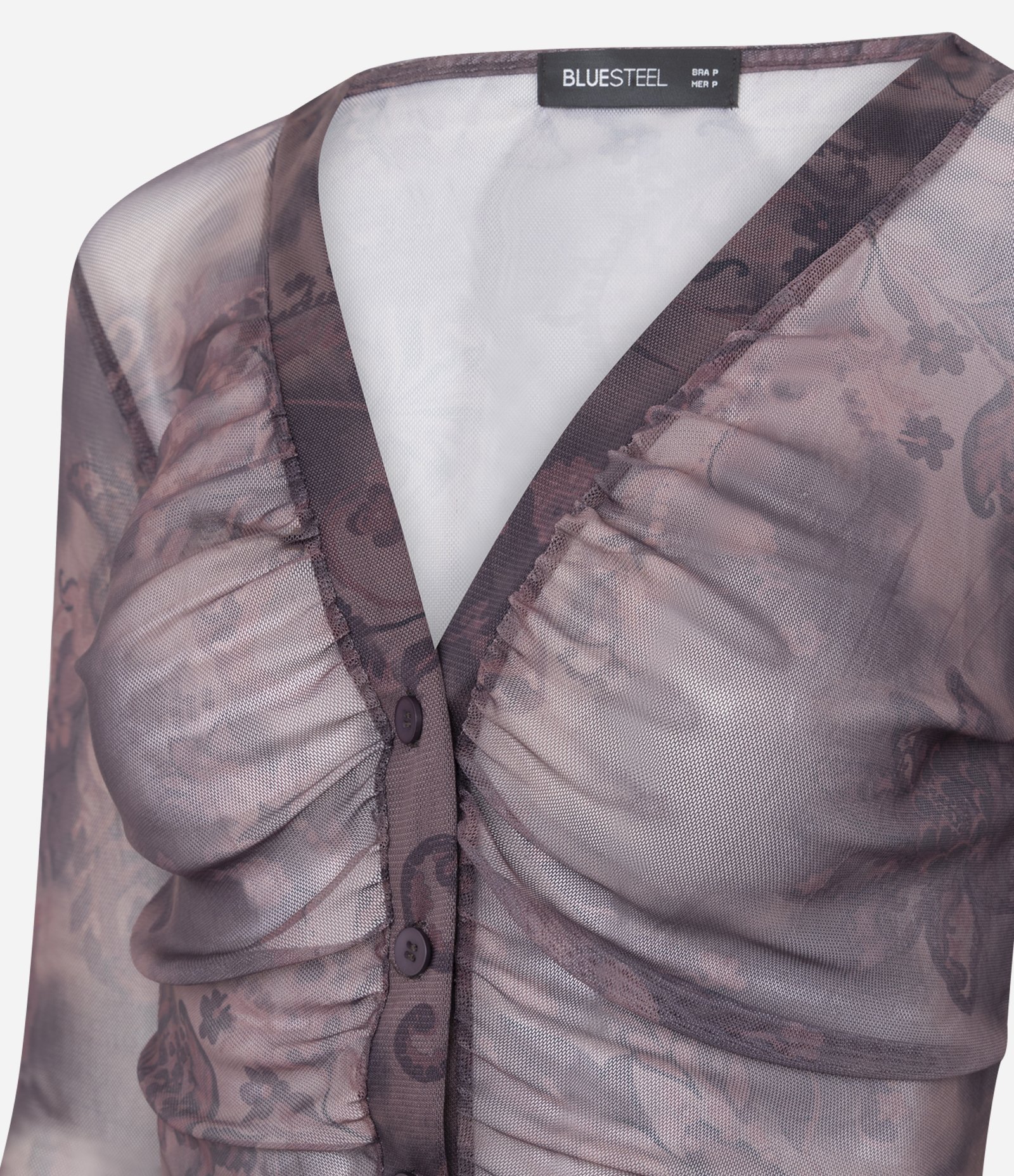 Blusa em Tule com Estampa Paisley e Franzidos Frontais Marrom 6