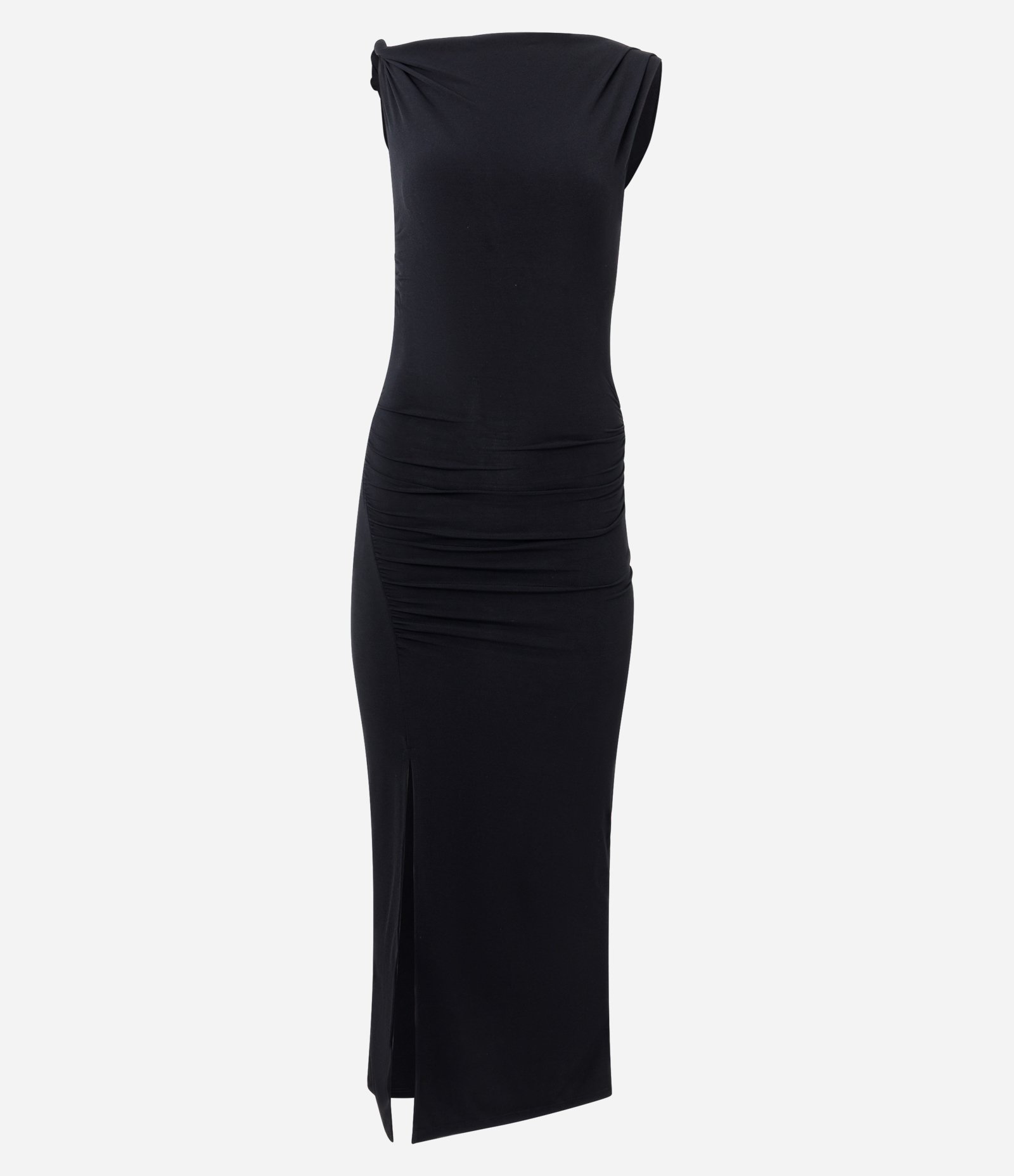 Vestido Midi com Um Ombro Só e Drapeado Preto 5