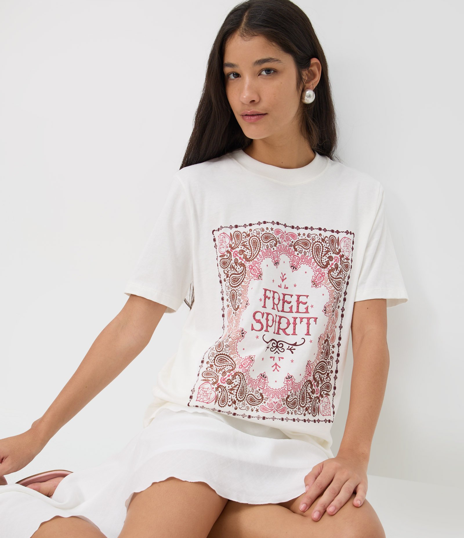 Camiseta Alongada em Algodão Free Spirit Floral Branco 1