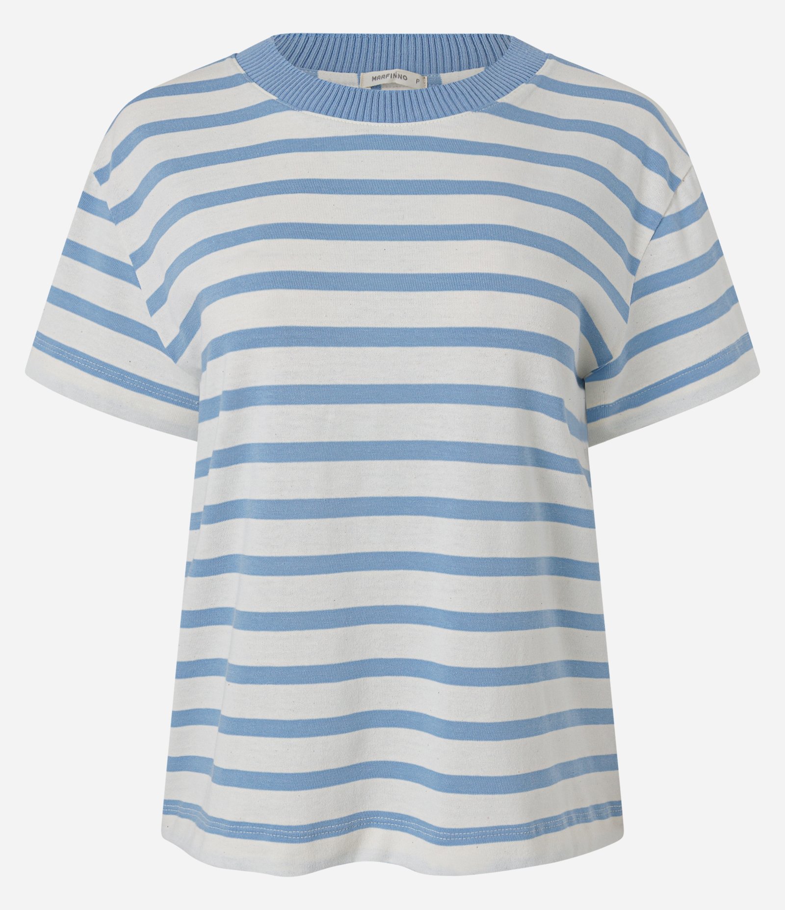 Blusa Slim Listrada em Algodão com Gola Contrastante Azul 1