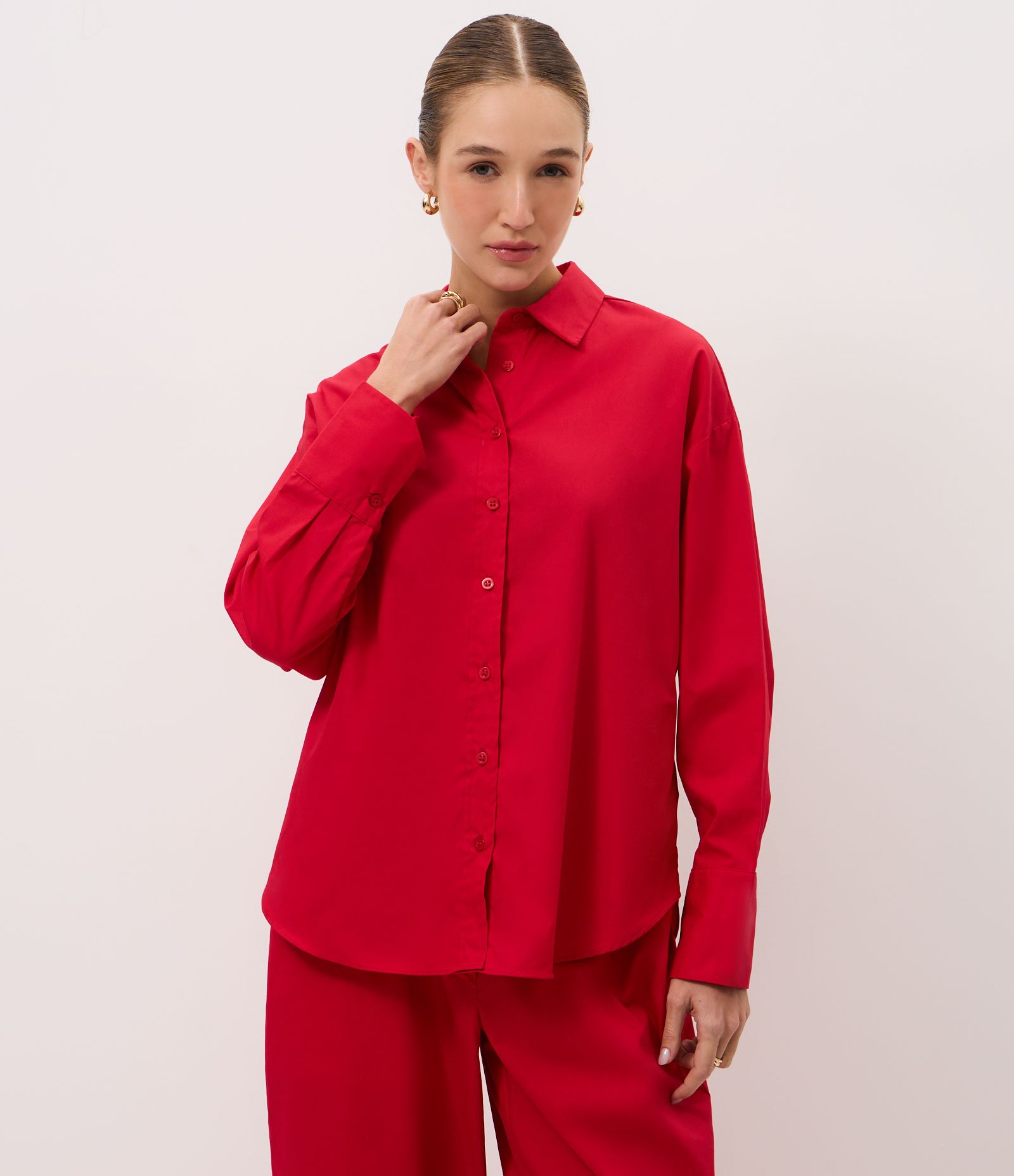 Camisa com Manga Longa em Tricoline Vermelho 1