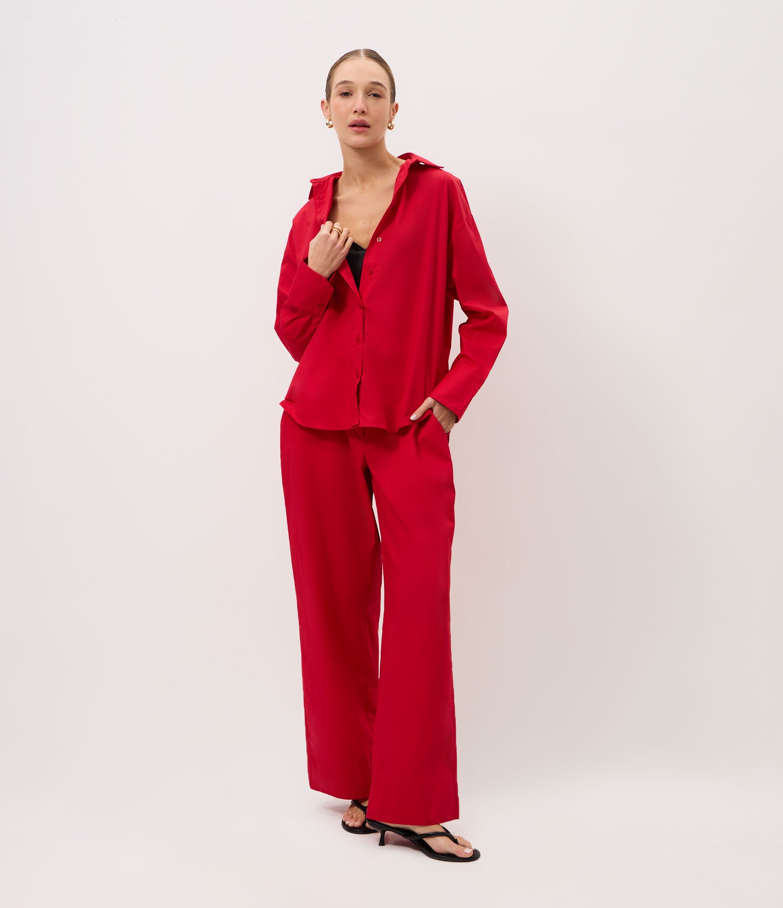 Camisa com Manga Longa em Tricoline Vermelho 2