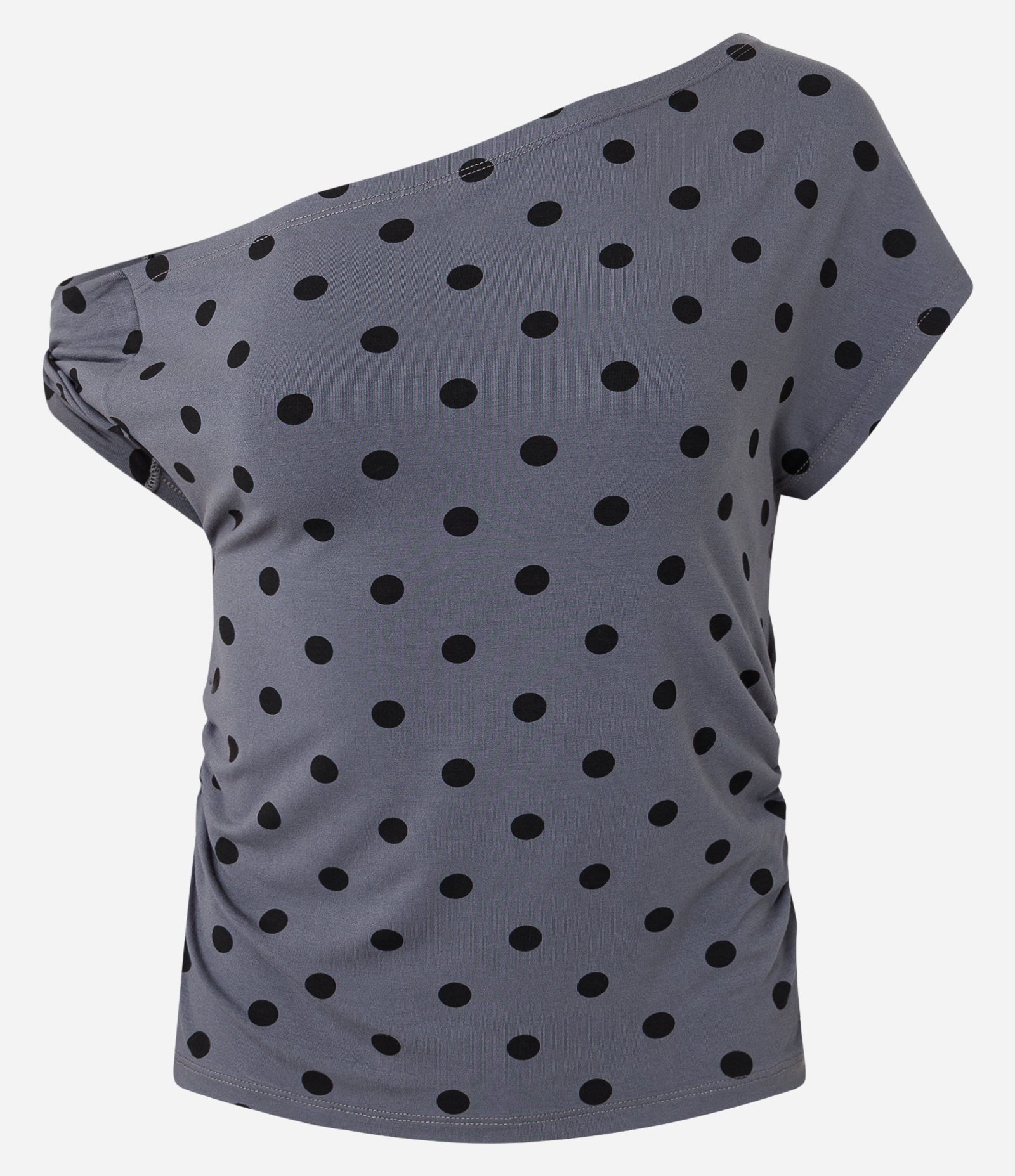 Blusa Manga Curta em Viscolycra Poá Ombro Caído Cinza 5