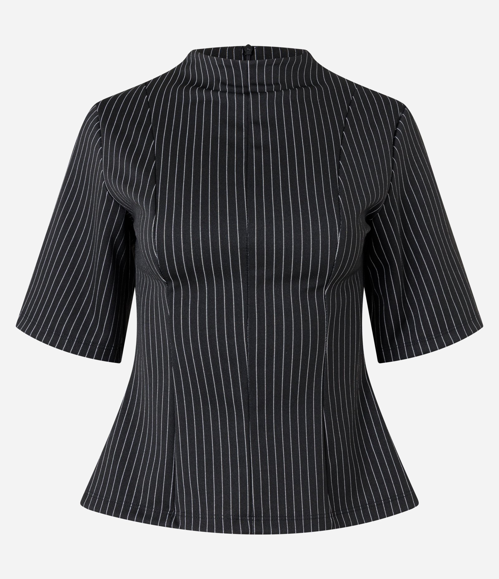 Blusa com Estampa Risca de Giz e Recortes Estruturados Preto 5