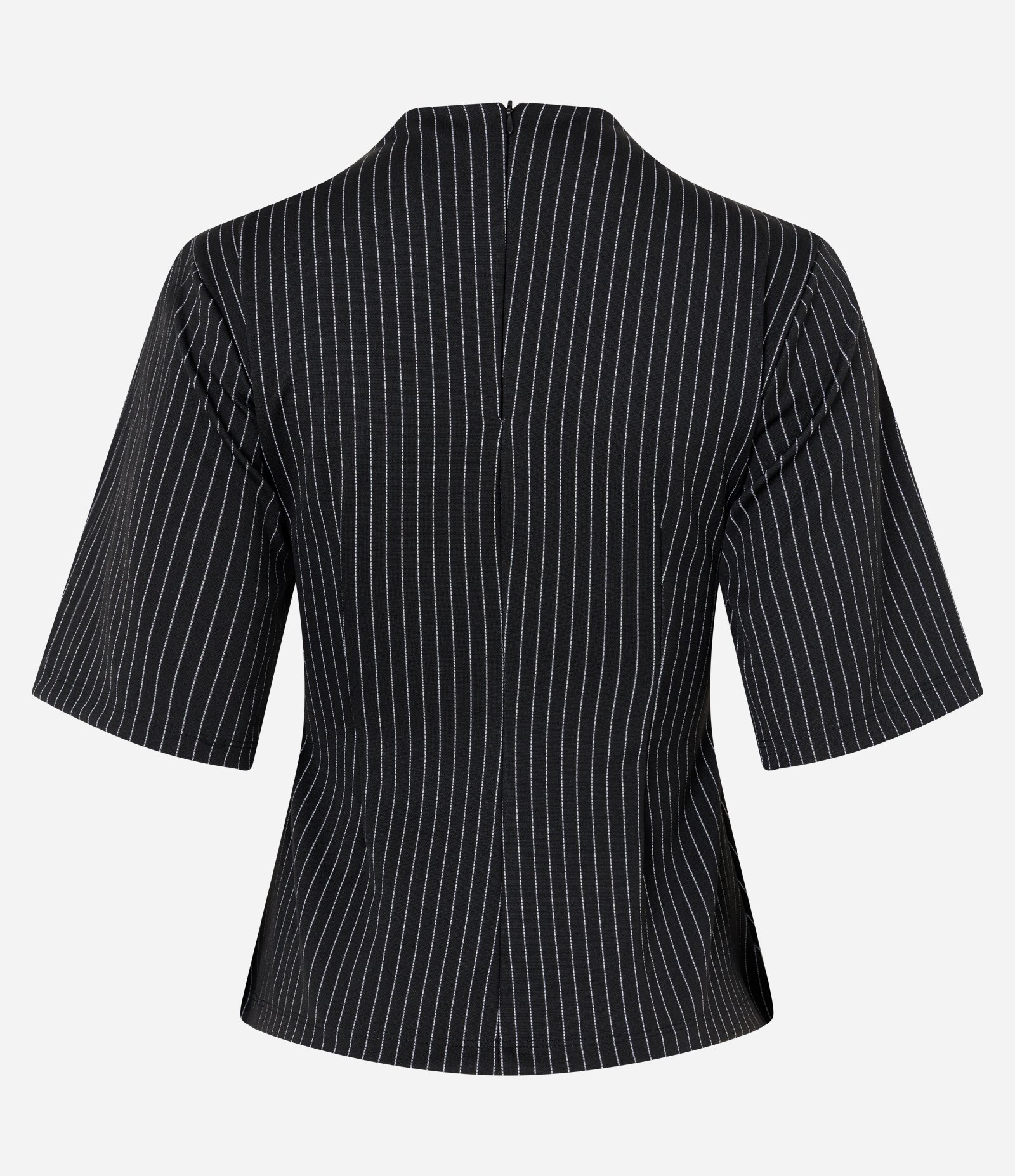 Blusa com Estampa Risca de Giz e Recortes Estruturados Preto 6