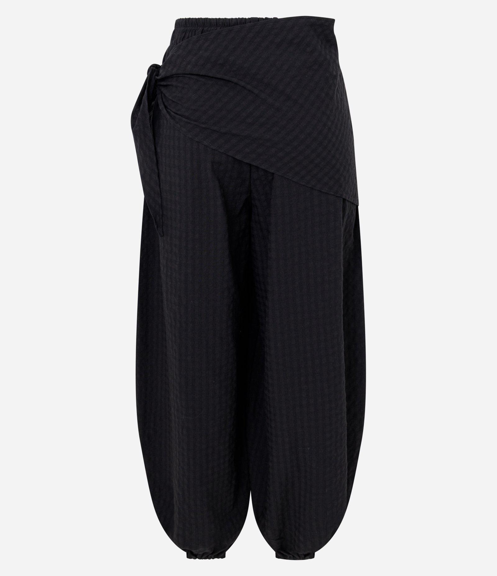 Calça Aladim em Anarruga Xadrez com Sobreposição e Faixa para Amarração Preto 7