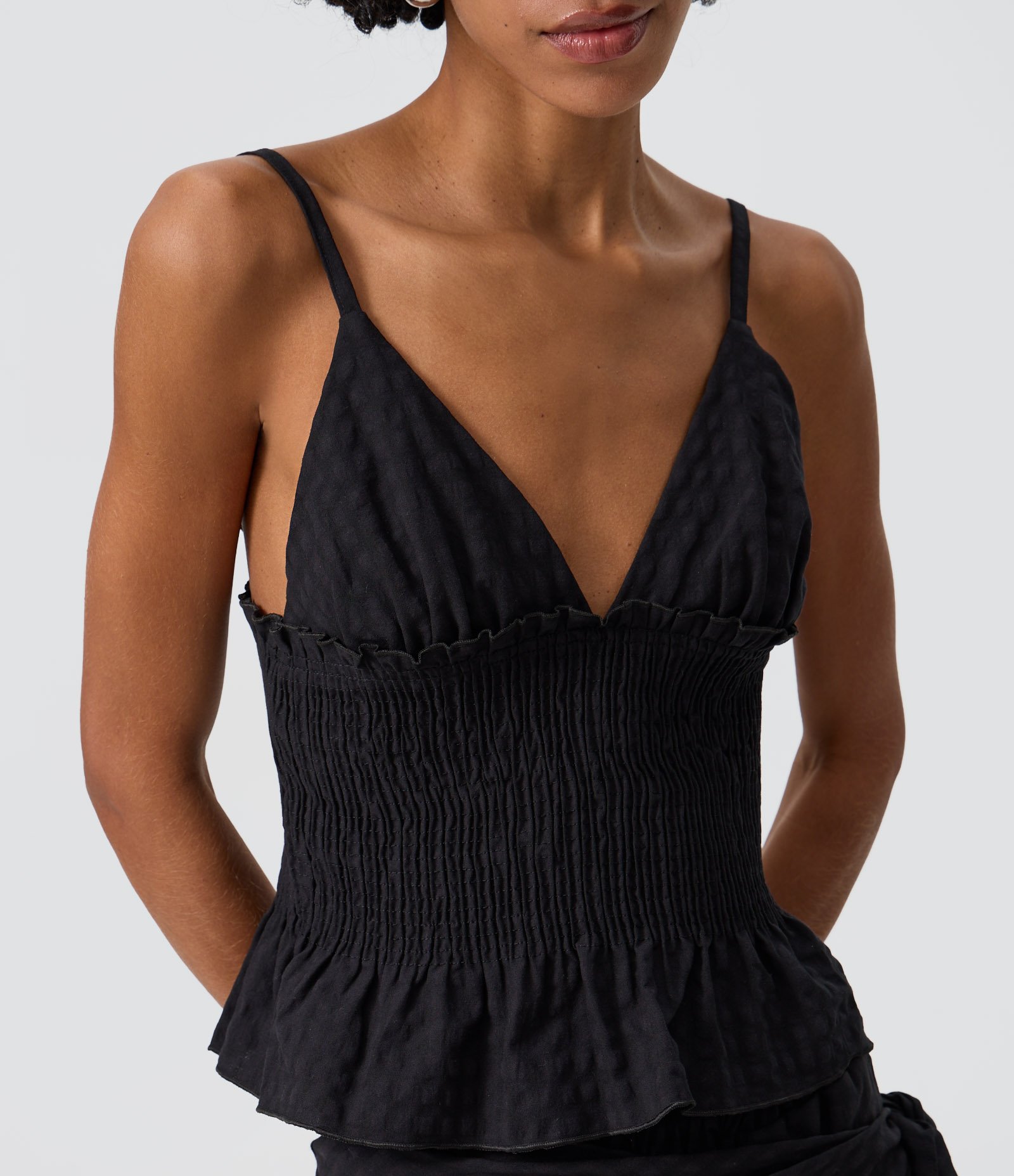 Blusa Peplum de Alcinha em Anarruga Xadrez com Franzido Preto 3