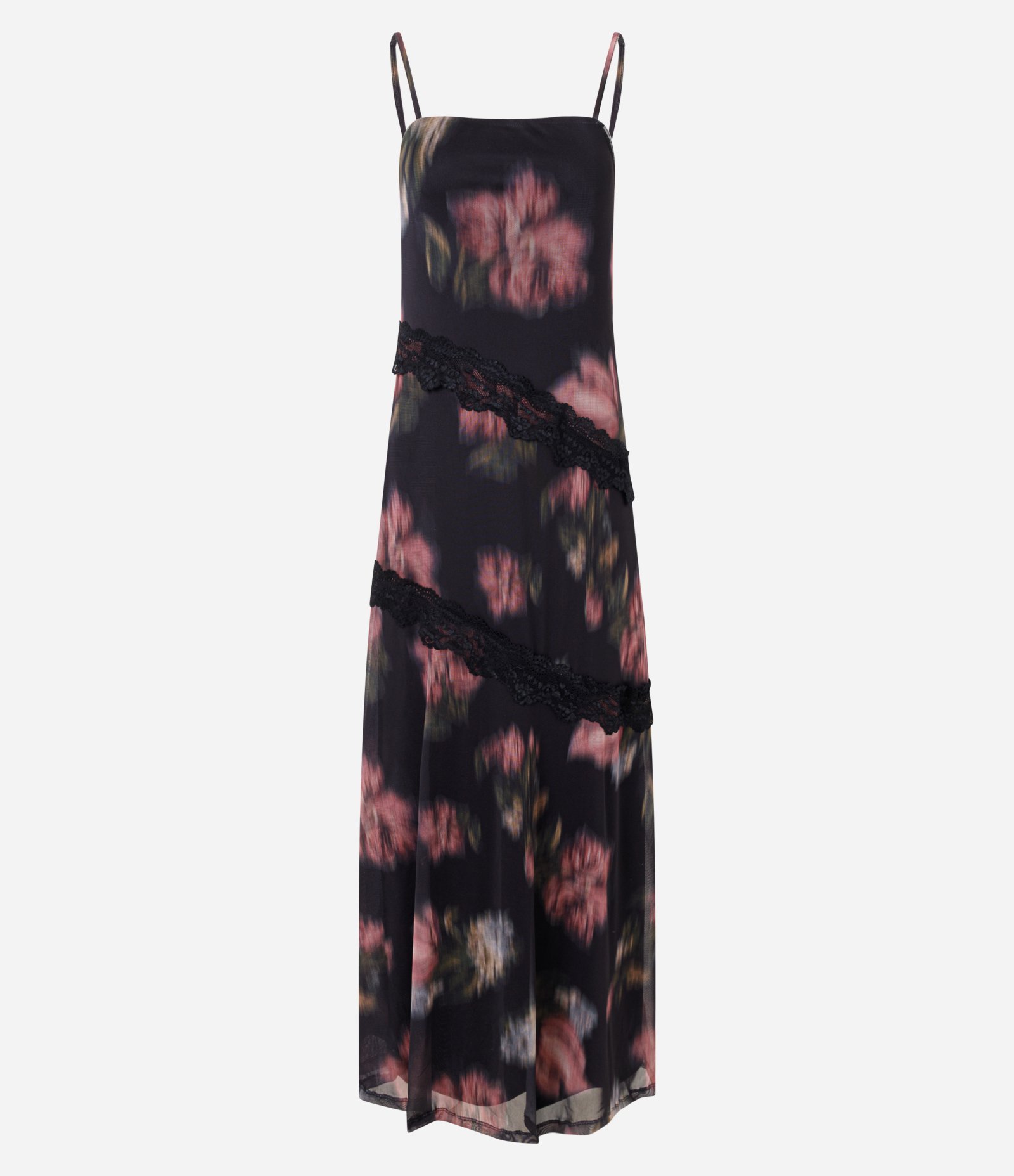 Vestido em Tule Floral com Renda Assimétrica Preto 1