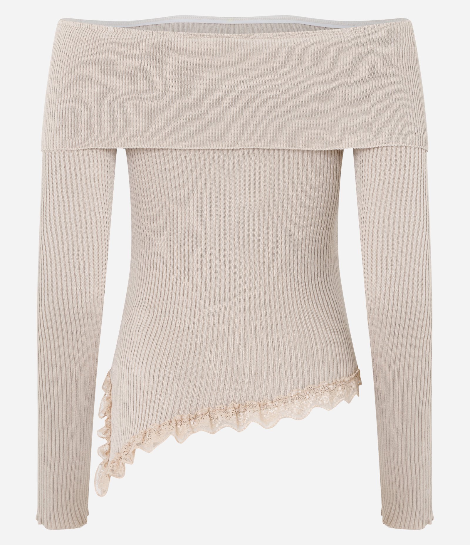 Blusa Ombro a Ombro em Tricô Canelado com Barra Assimétrica Rendada Bege 7