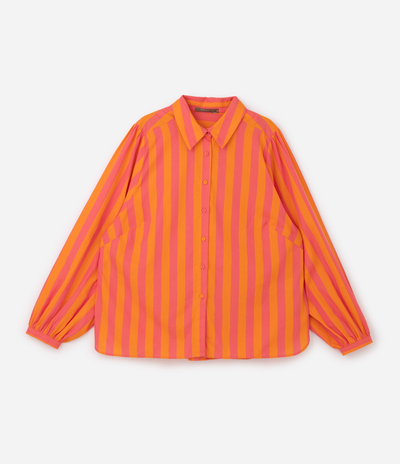 Camisa em Algodão Listrada com Manga Bufante Curve & Plus Size Laranja 6