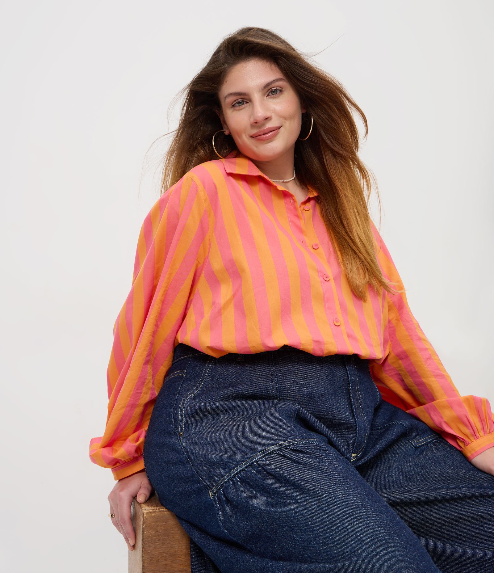 Camisa em Algodão Listrada com Manga Bufante Curve & Plus Size Laranja 1