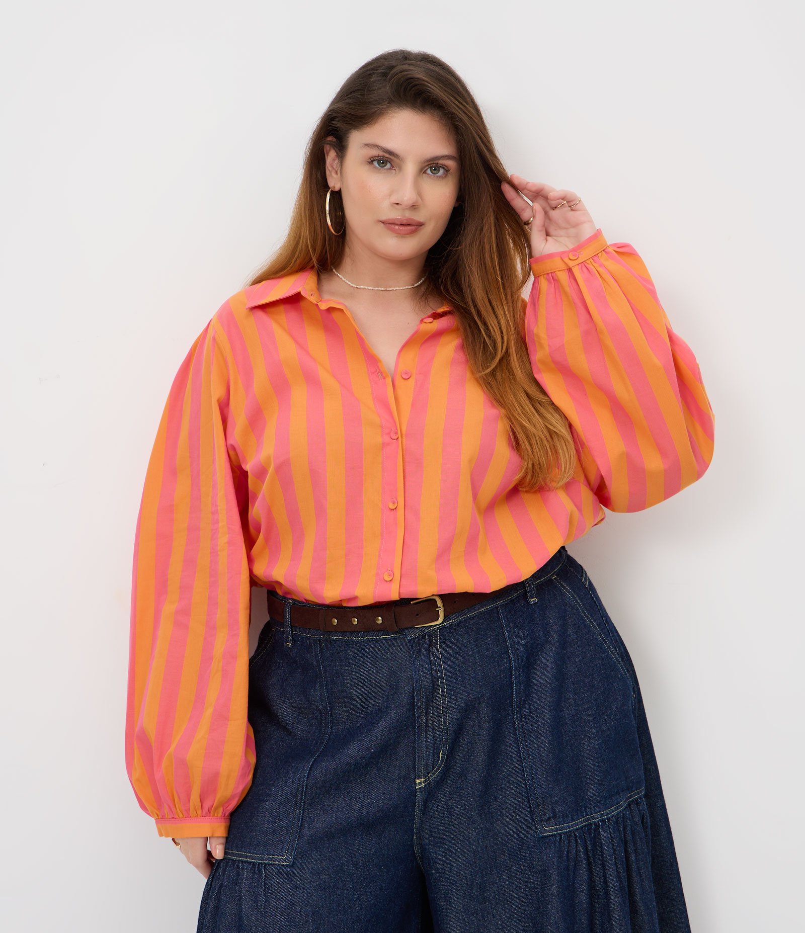Camisa em Algodão Listrada com Manga Bufante Curve & Plus Size Laranja 2
