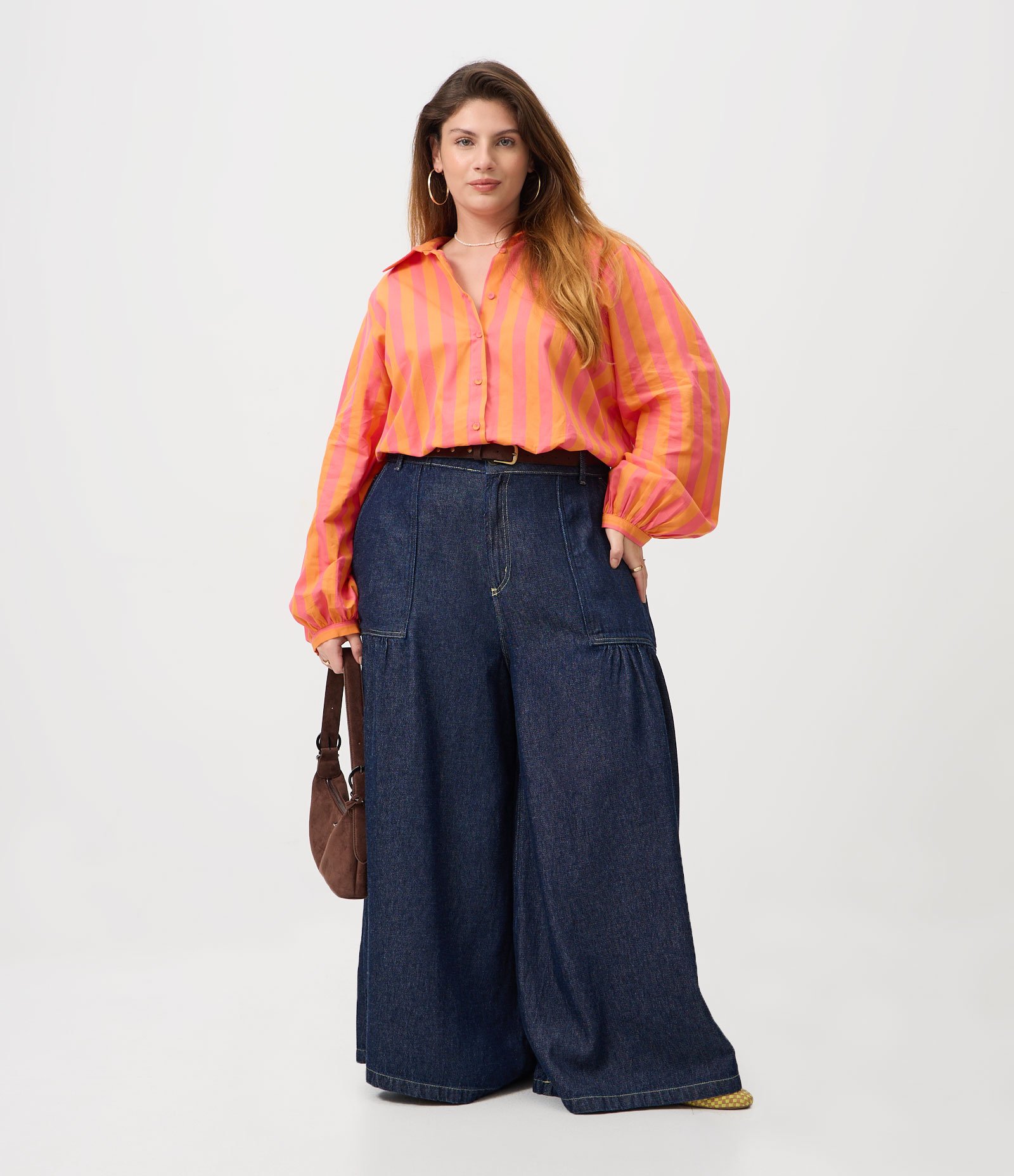 Camisa em Algodão Listrada com Manga Bufante Curve & Plus Size Laranja 3