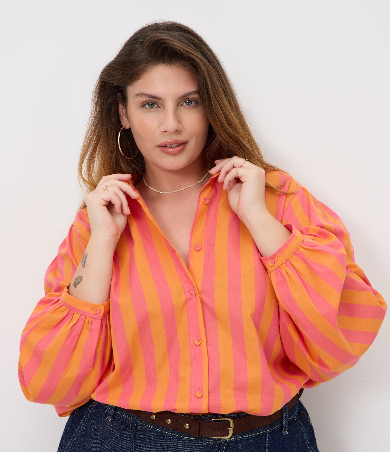 Camisa em Algodão Listrada com Manga Bufante Curve & Plus Size Laranja 4