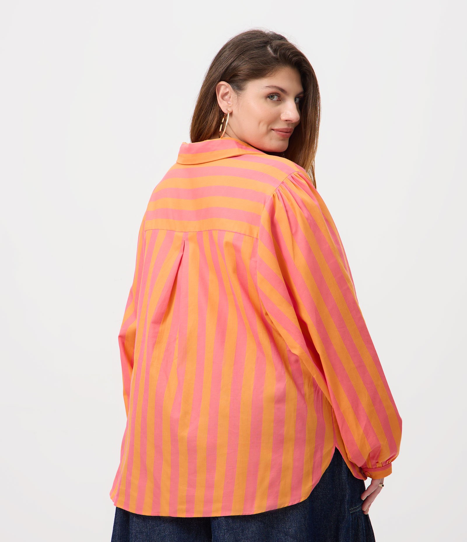 Camisa em Algodão Listrada com Manga Bufante Curve & Plus Size Laranja 5