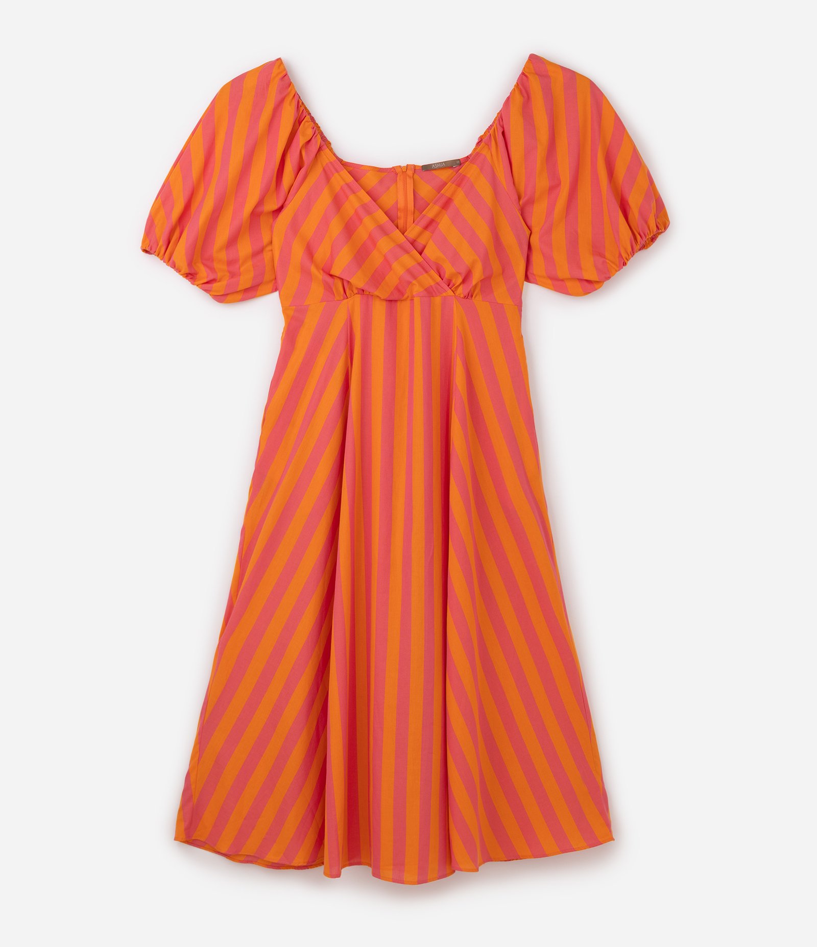 Vestido Midi em Algodão Listrado Bicolor e Transpassado Curve & Plus Size Laranja 5