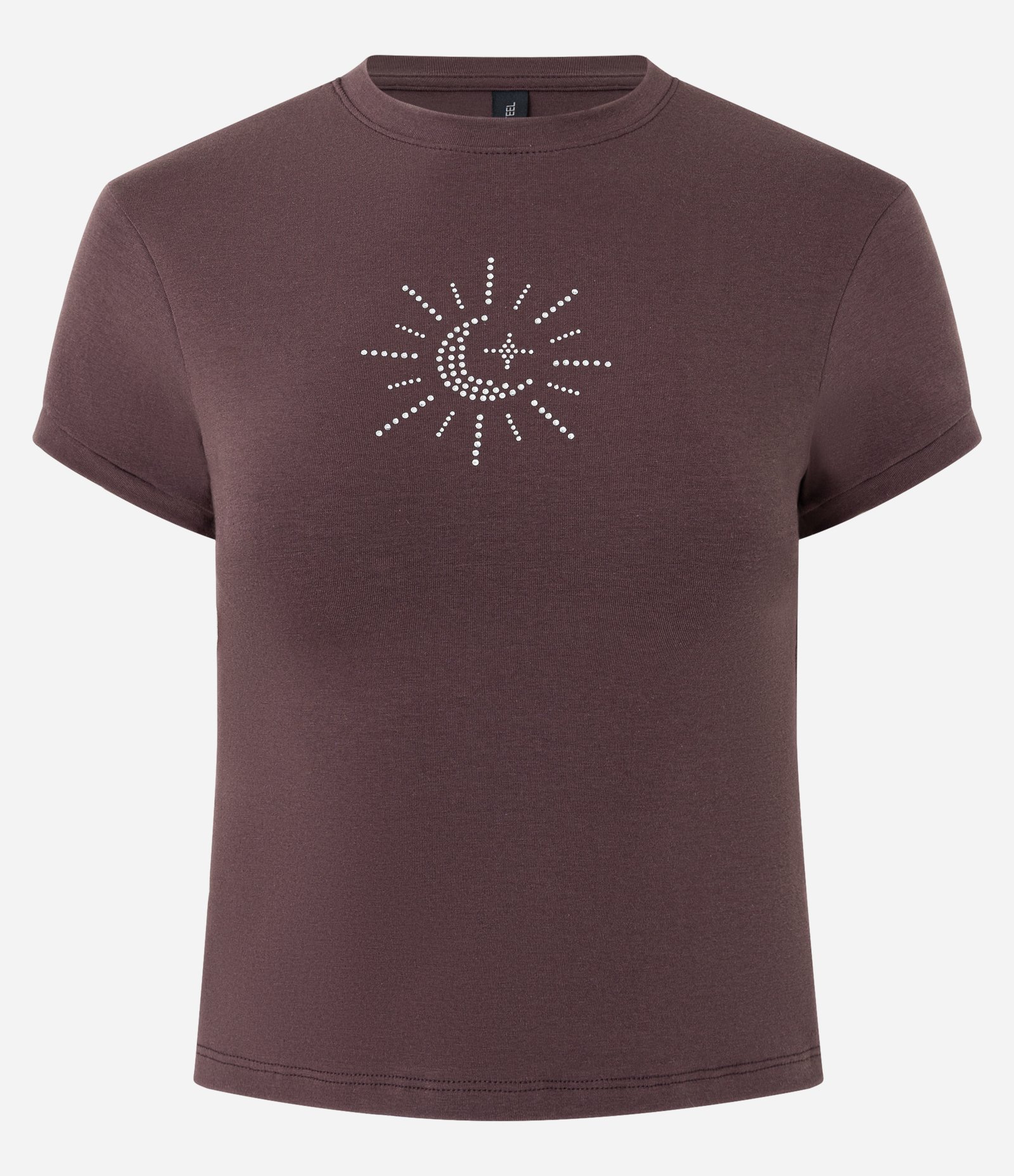 Camiseta Baby Tee com Aplicação de Brilhos em Sol Místico Marrom 5