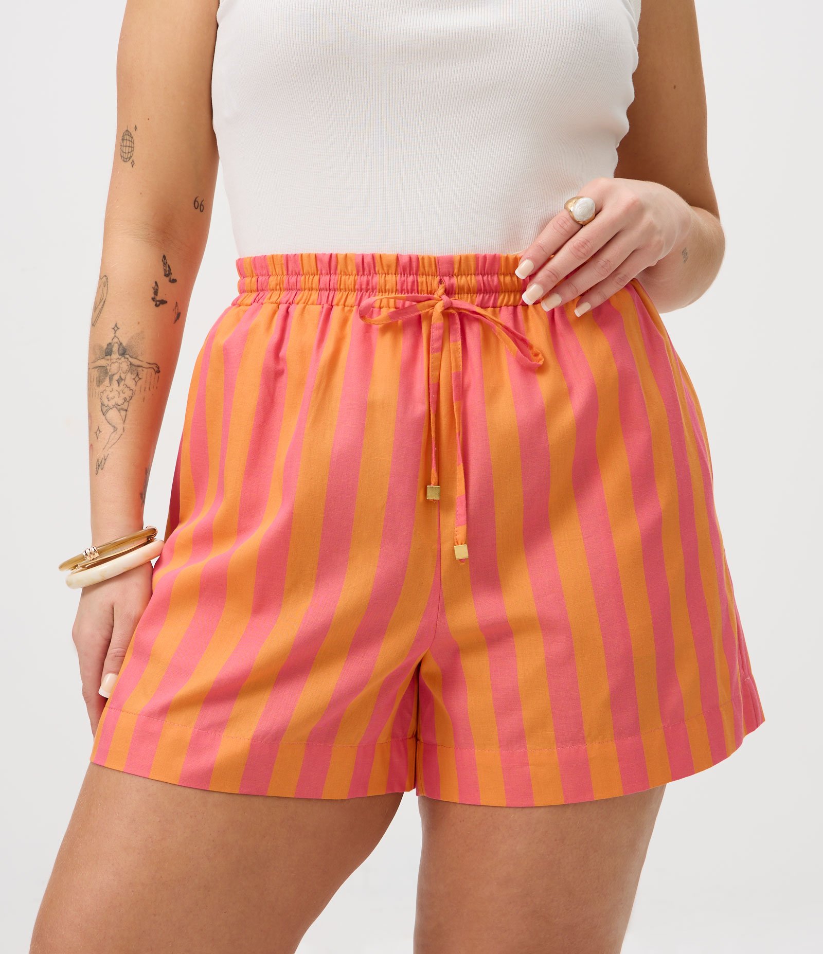 Short em Algodão Listrado Bicolor Curve & Plus Size Laranja 3