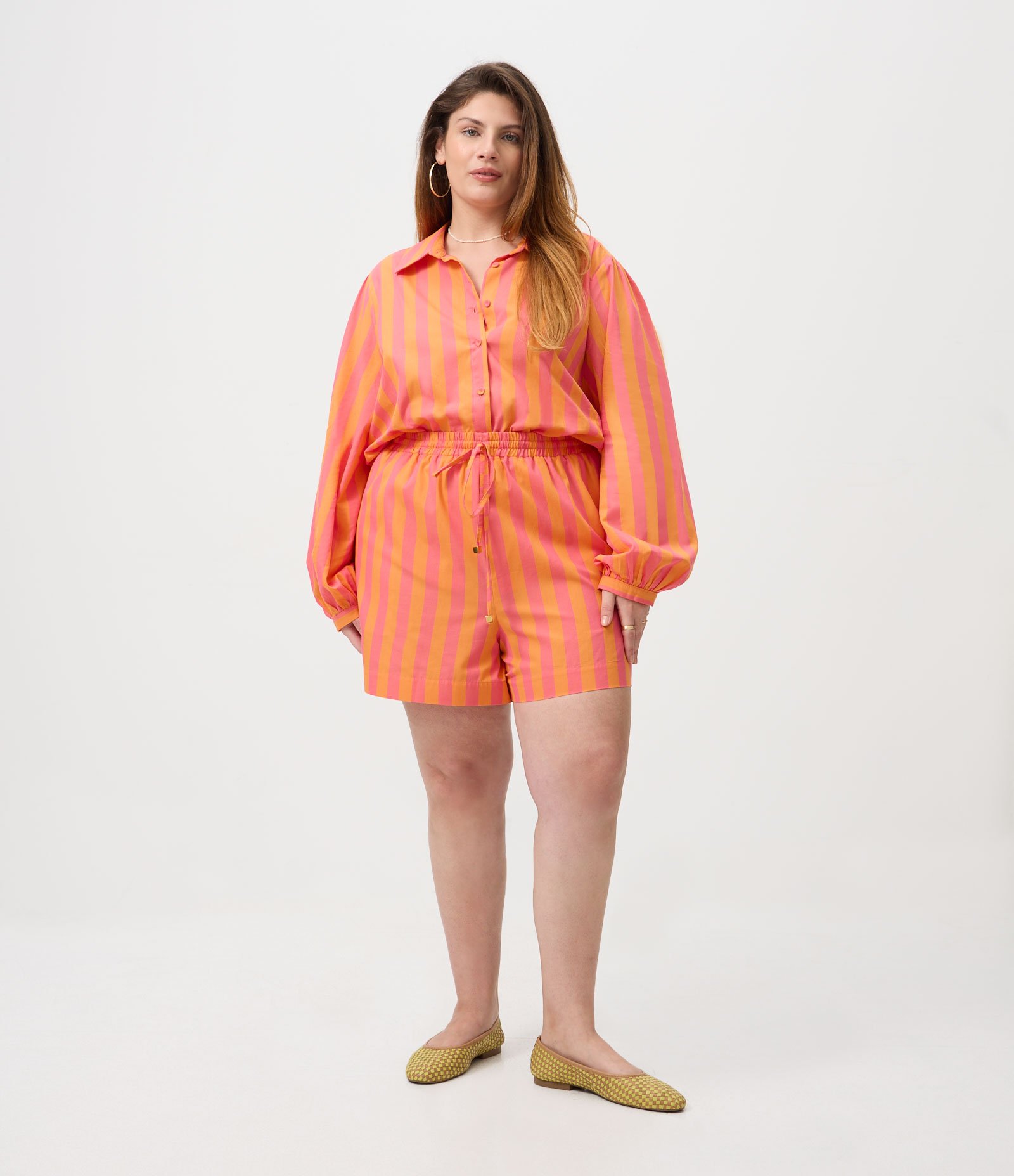 Short em Algodão Listrado Bicolor Curve & Plus Size Laranja 6