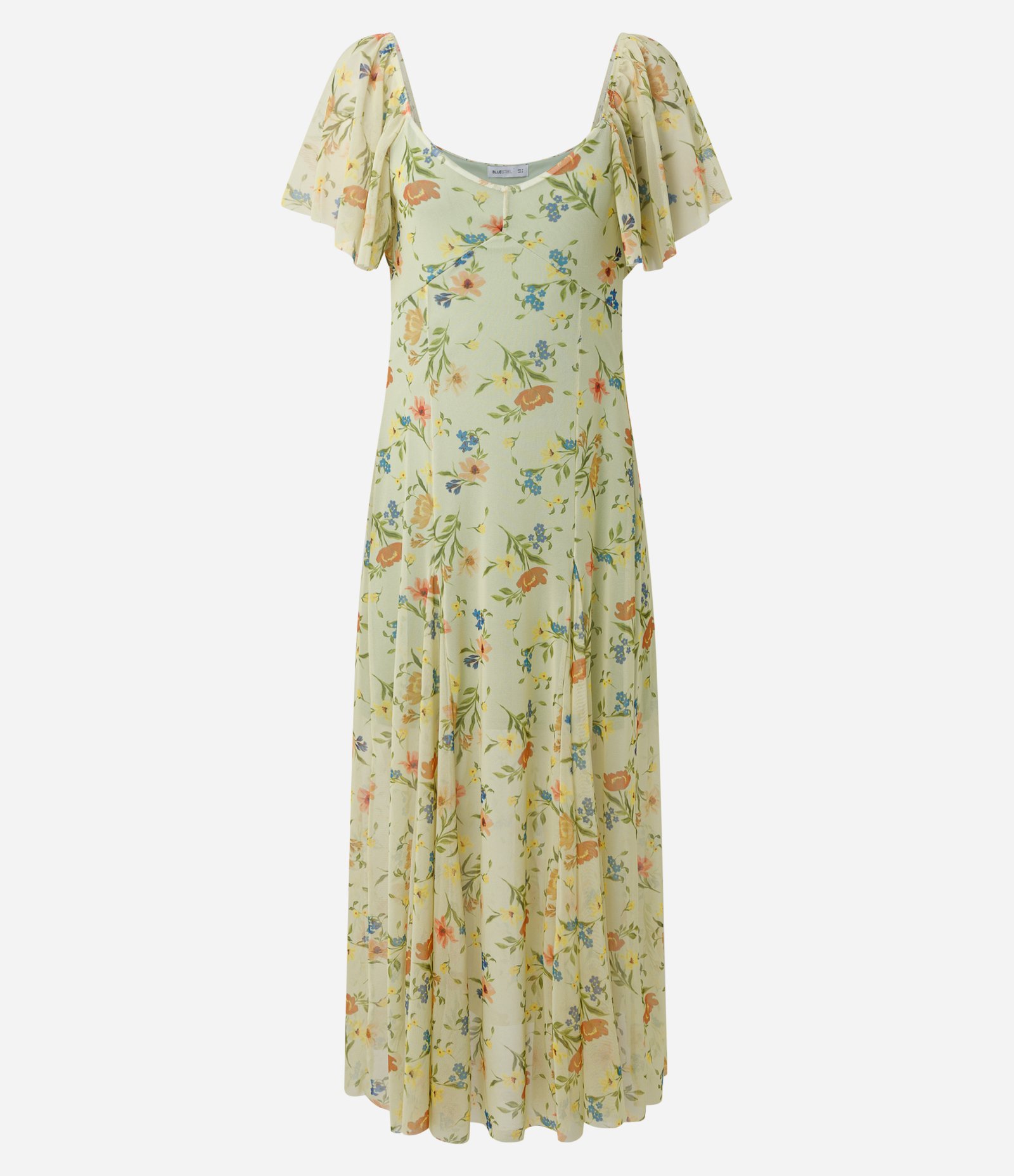 Vestido Midi em Tule Floral com Nesgas Amarelo 1
