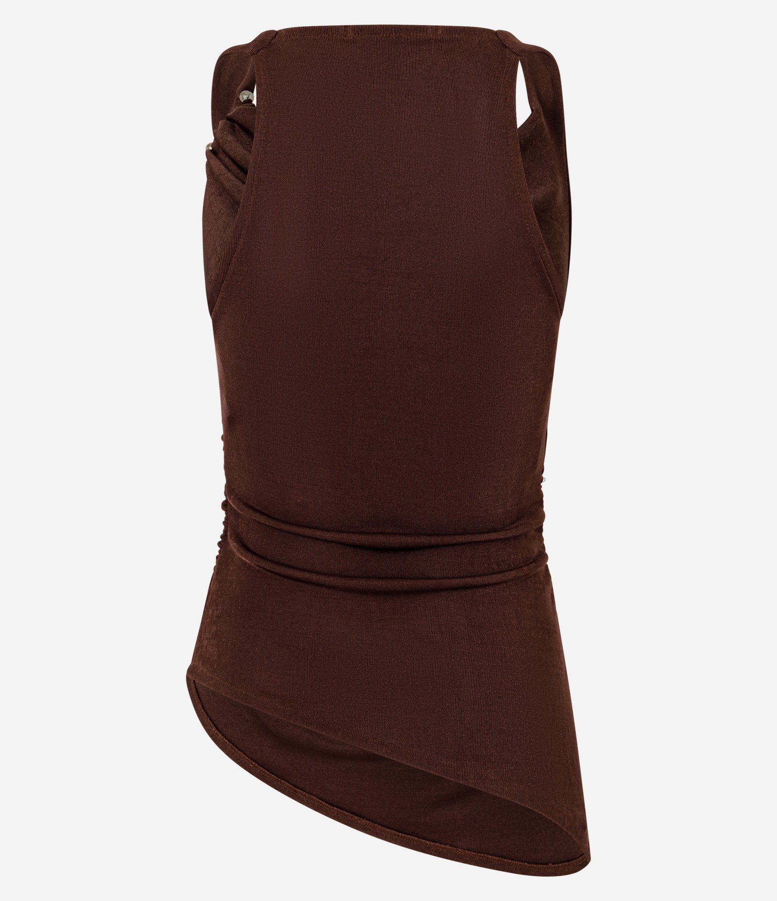 Blusa Halter Degagê em Ribana com Barra Assimétrica Marrom 7