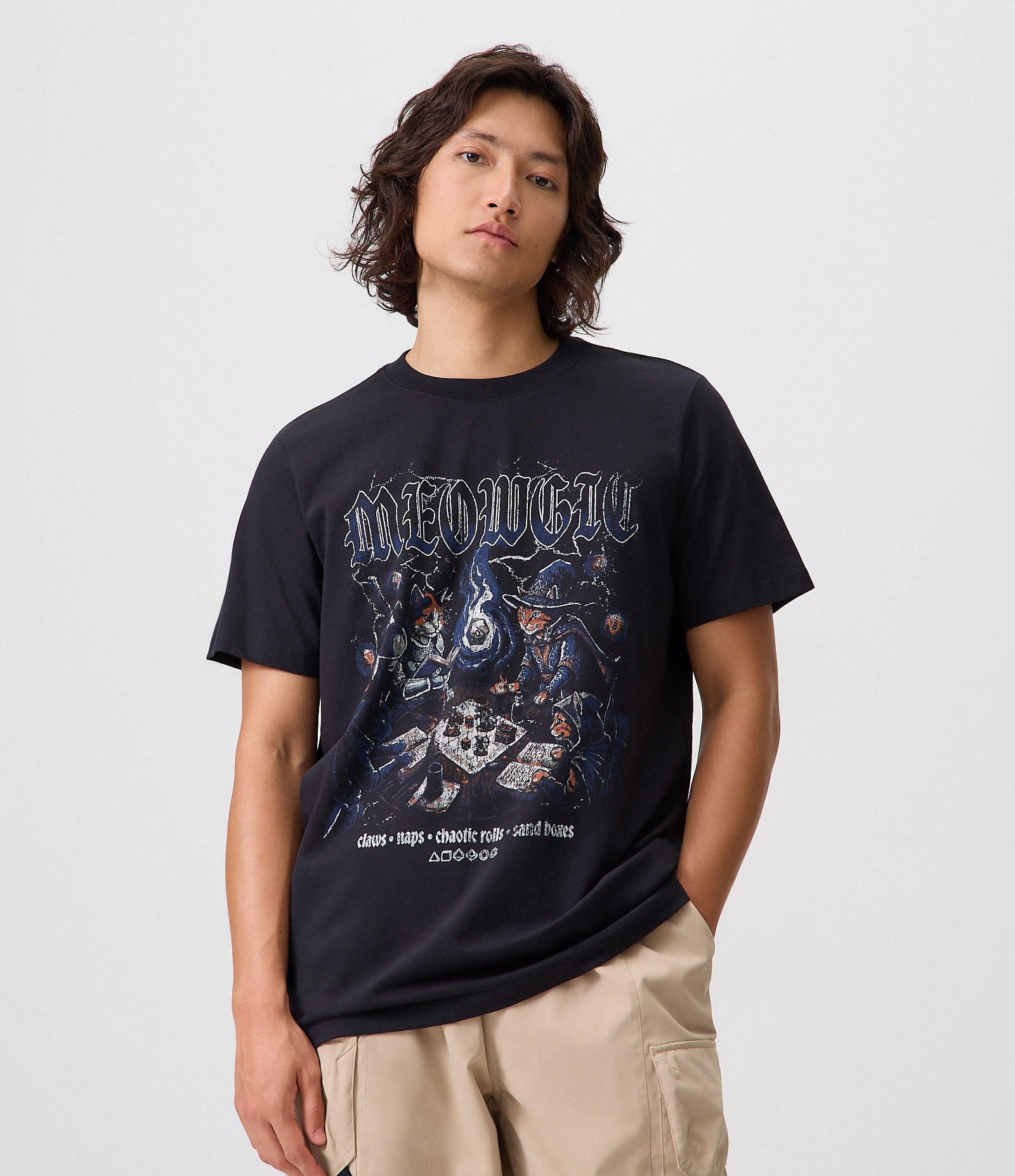 Camiseta Regular de Algodão com Estampa Meowgic Preto 1