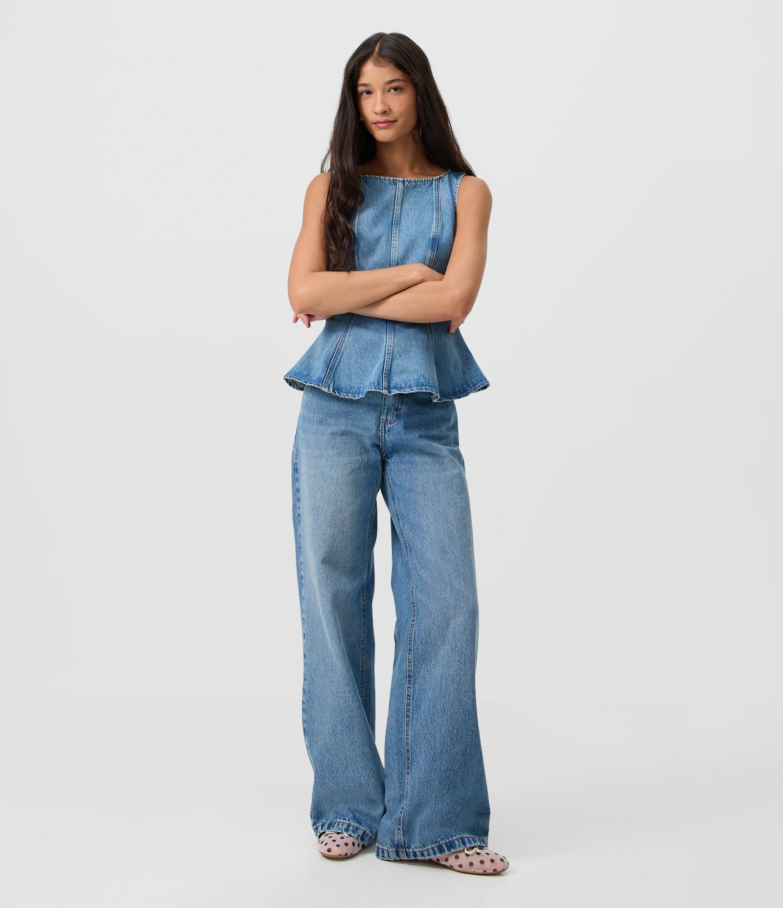 Calça Jeans Wide Leg Cintura Média Azul Médio 1