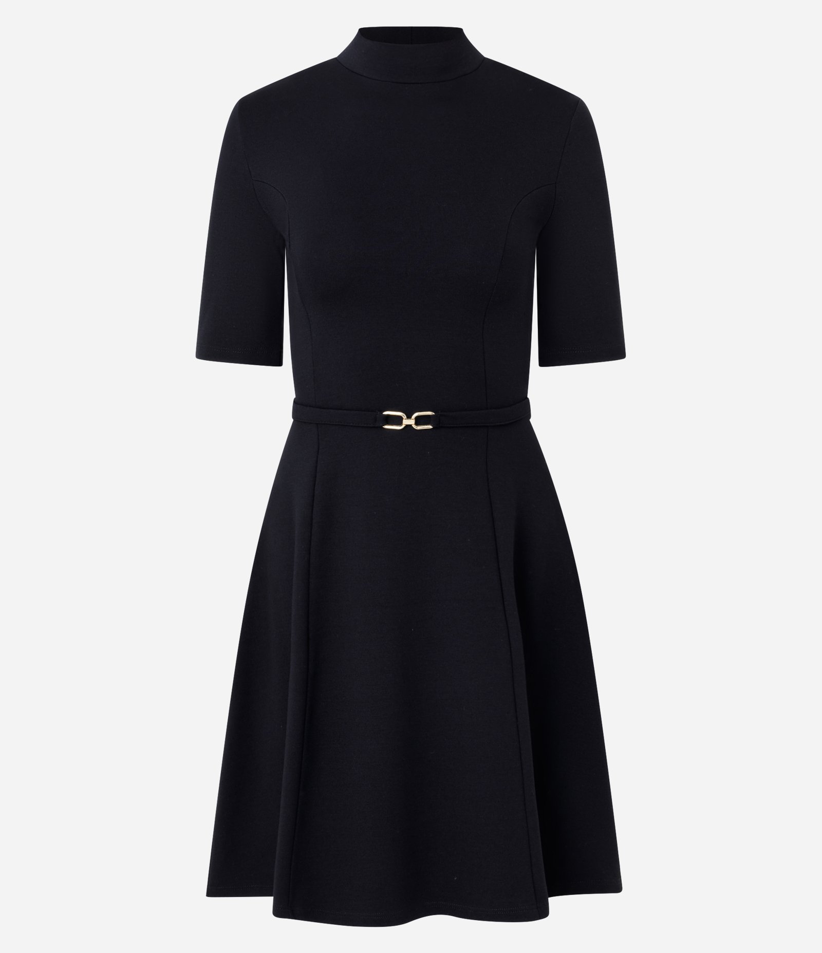 Vestido Em Viscose Evasê com Cinto Fino e Gola Alta Preto 5