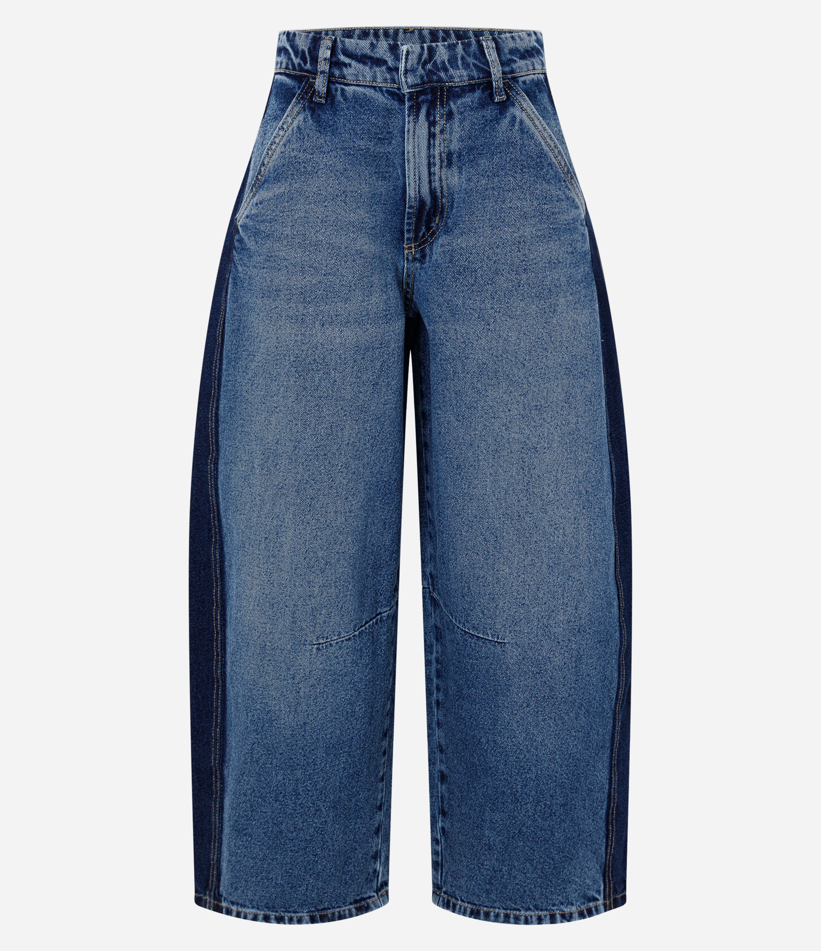 Calça Barrel Jeans com Recortes Laterais e Cintura Alta Azul 6