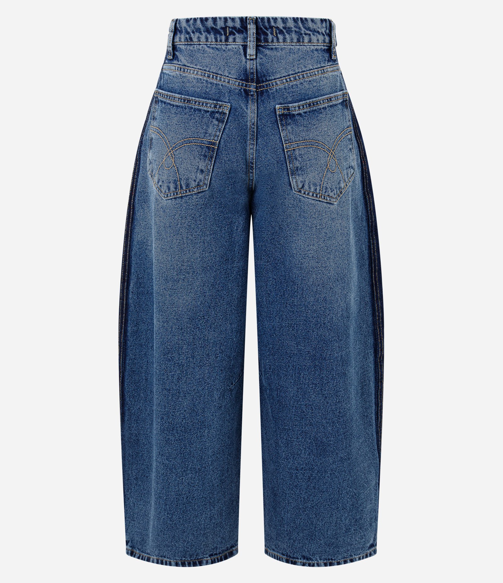 Calça Barrel Jeans com Recortes Laterais e Cintura Alta Azul 7