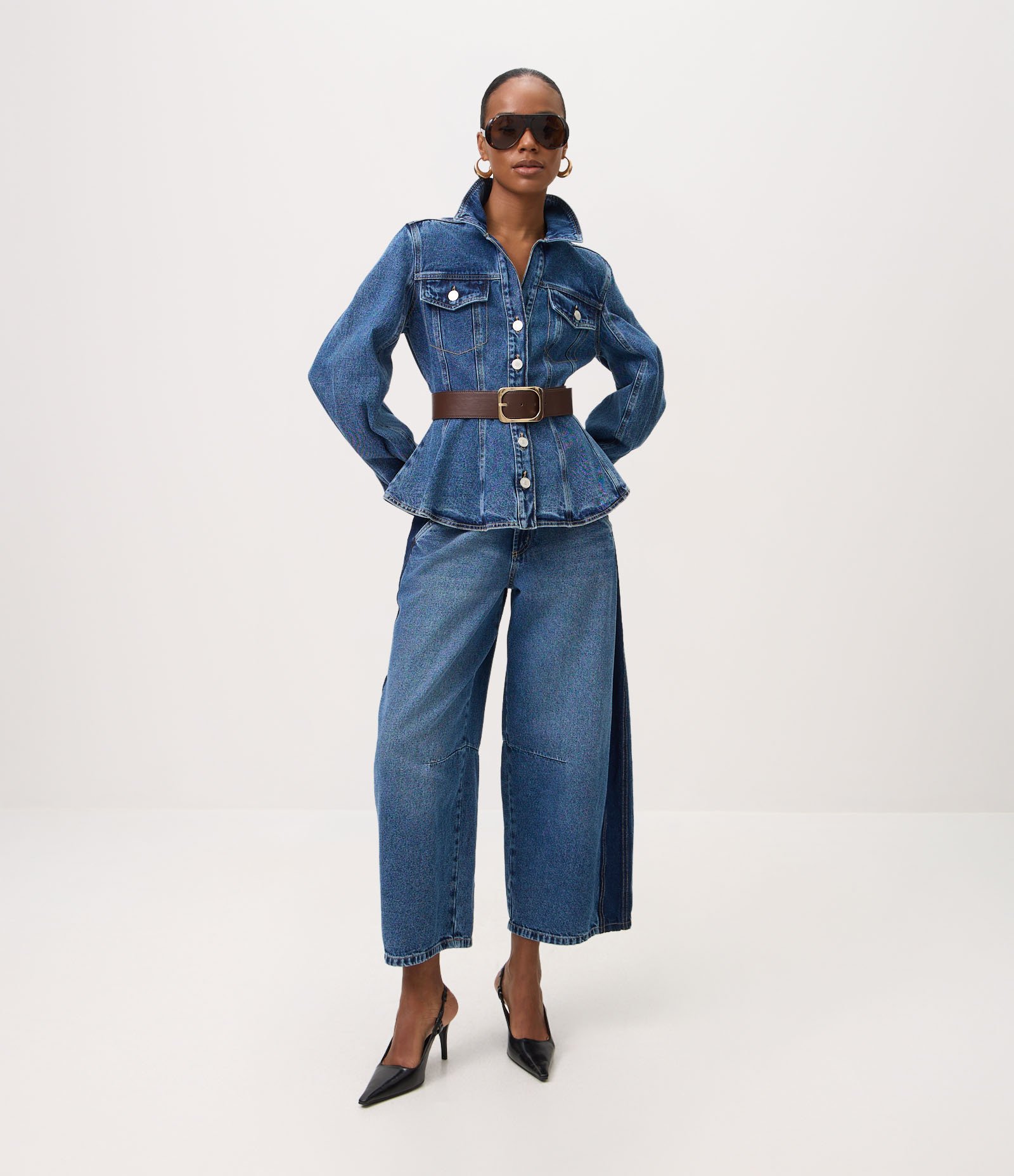 Calça Barrel Jeans com Recortes Laterais e Cintura Alta Azul 1