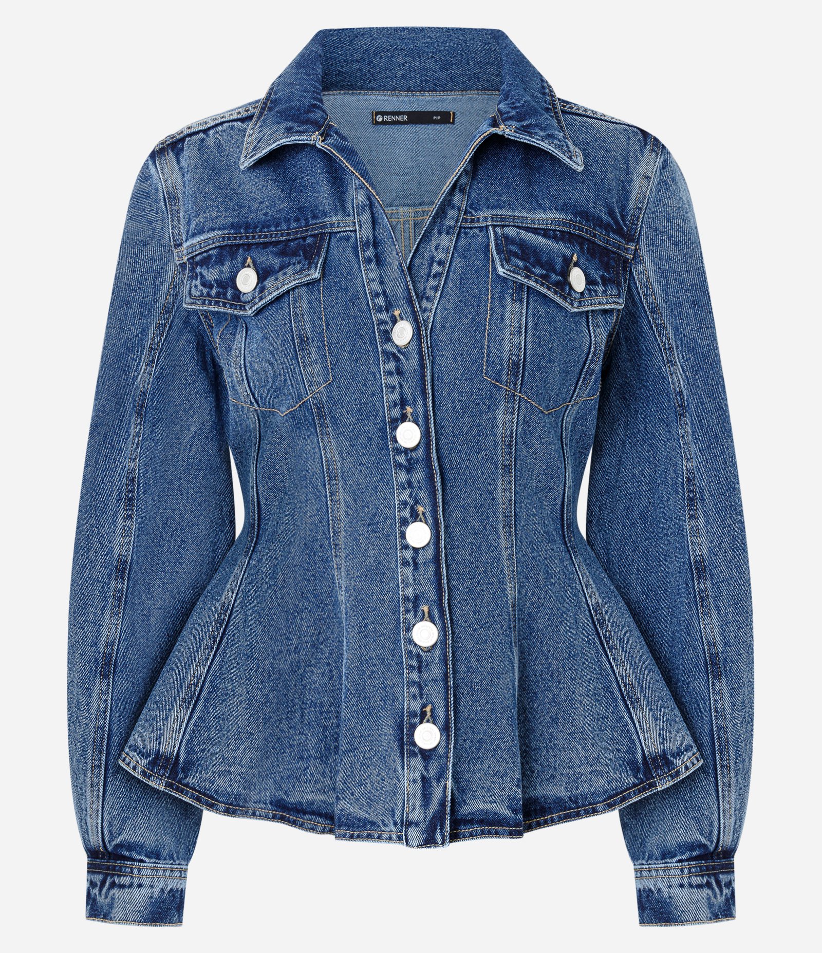 Jaqueta Jeans Acinturada com Barra Evasê Azul Médio 4