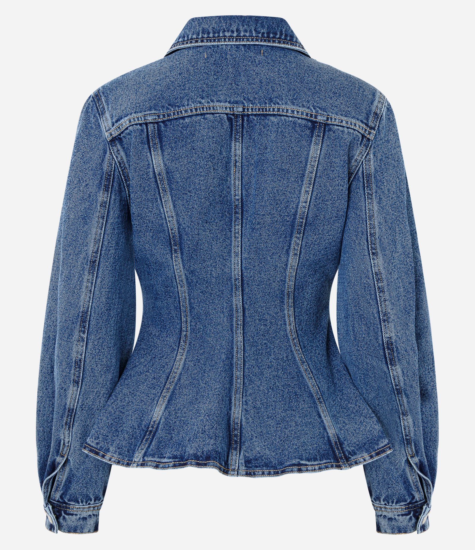 Jaqueta Jeans Acinturada com Barra Evasê Azul Médio 5