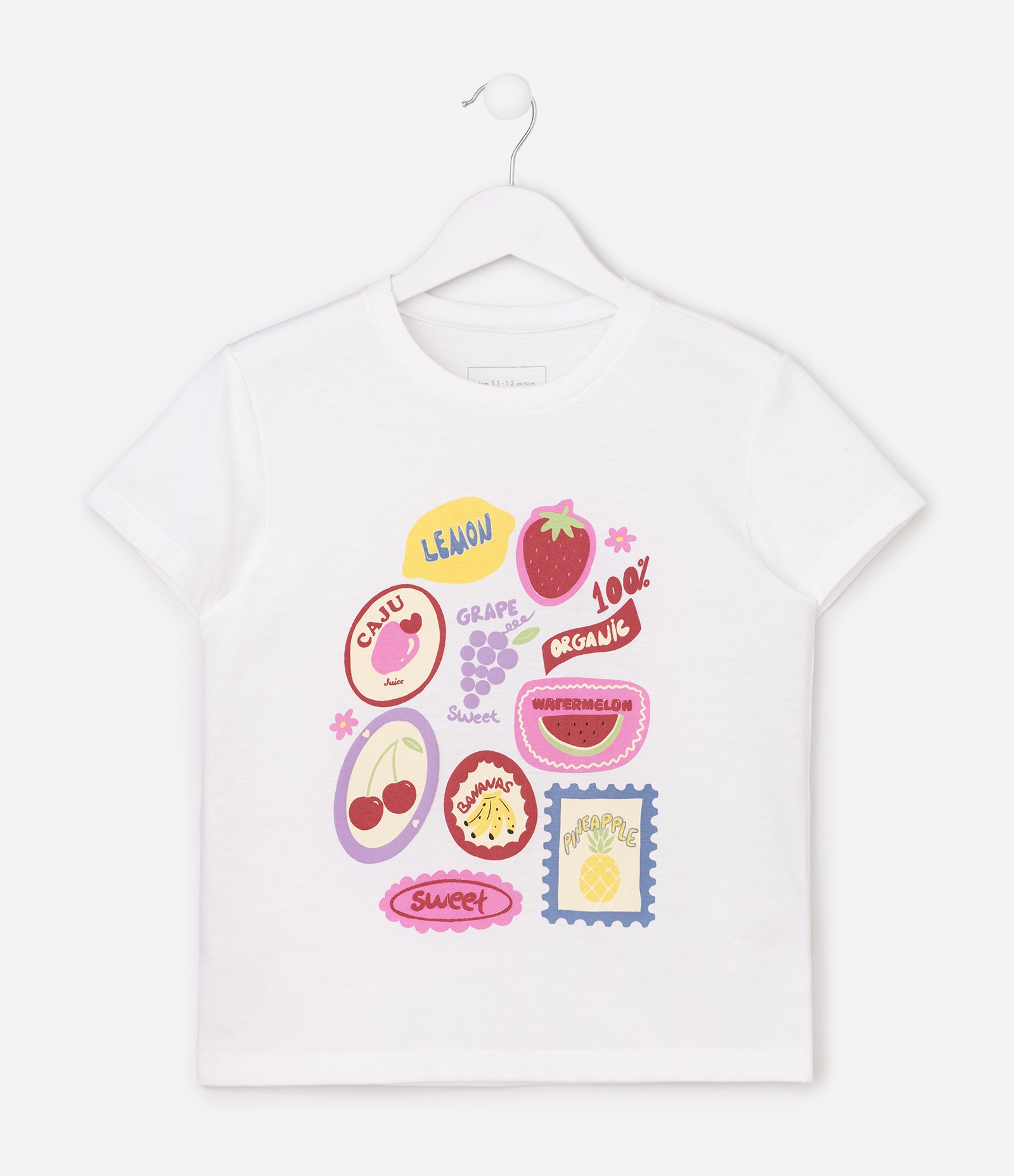 Camiseta Infantil com Estampa Frontal de Frutas e Lettering - Tam 5 a 16 Anos Branco 7