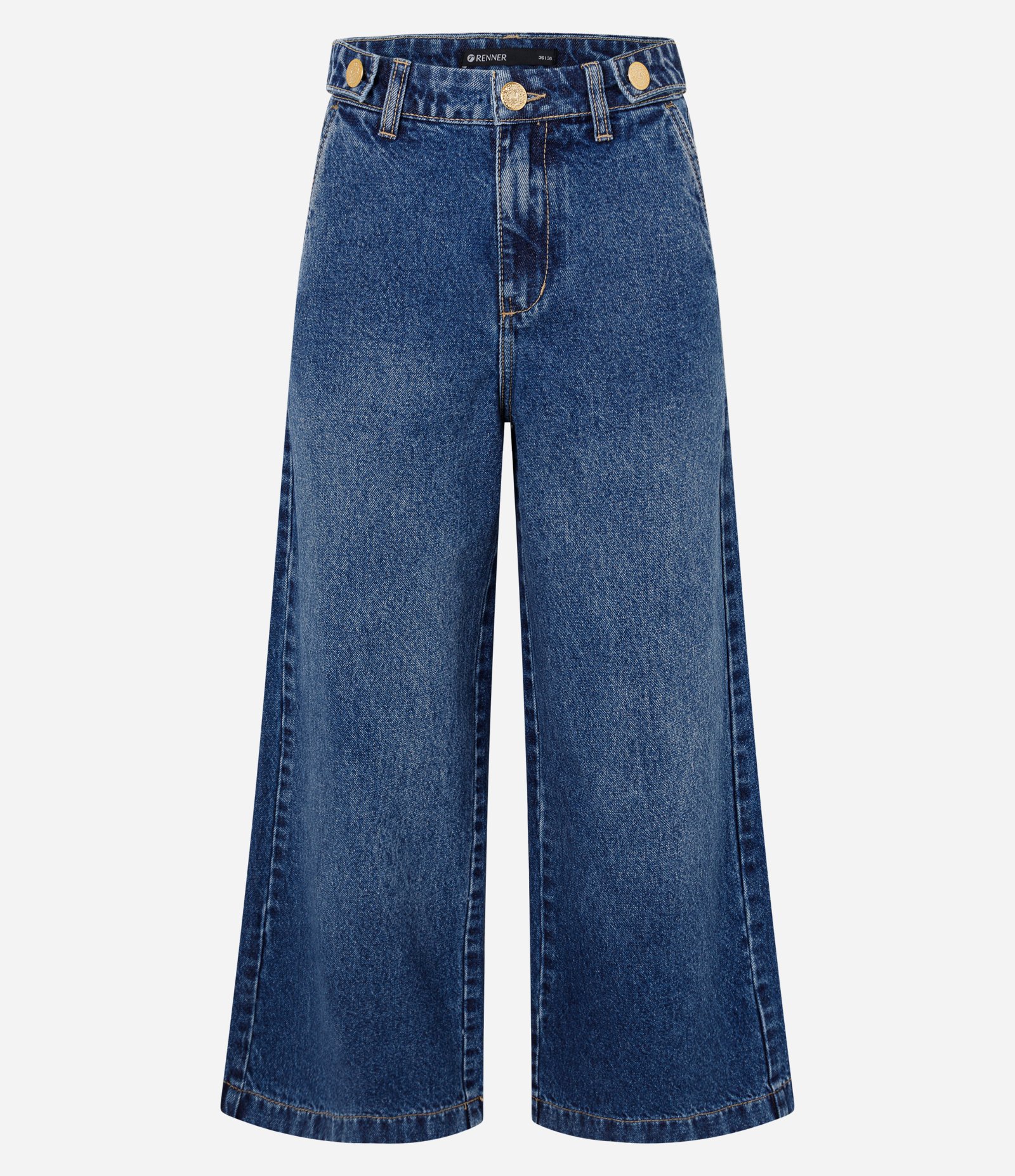 Calça Wide Cropped em Jeans com Cintura Alta e Abotoamentos Azul 6