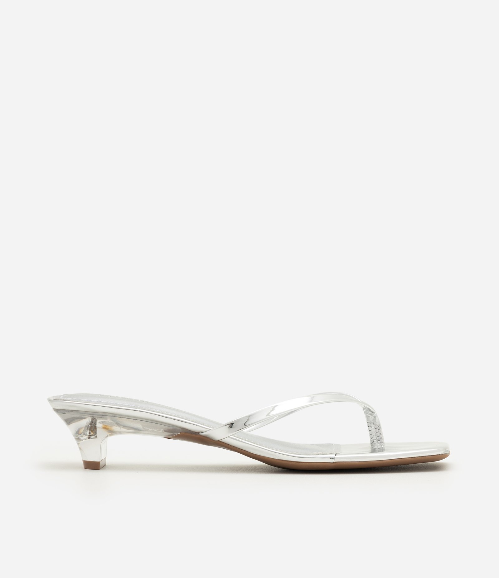 Sandália de Dedo em PU com Salto Kitten Heel Prata 1