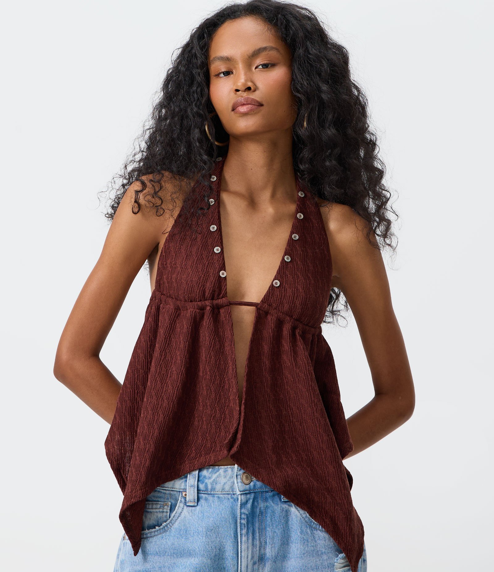 Blusa Frente Única com Pontas Assimétricas Marrom 1