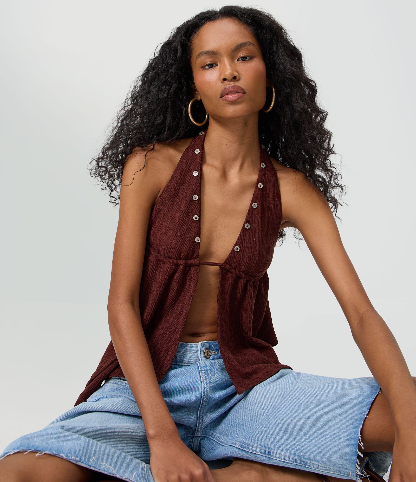 Blusa Frente Única com Pontas Assimétricas Marrom 3
