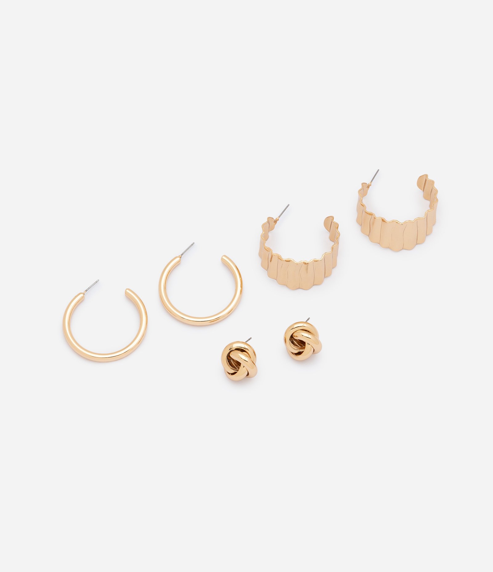 Kit com 03 Pares de Brincos Argola e Nó em Metal Dourado 1