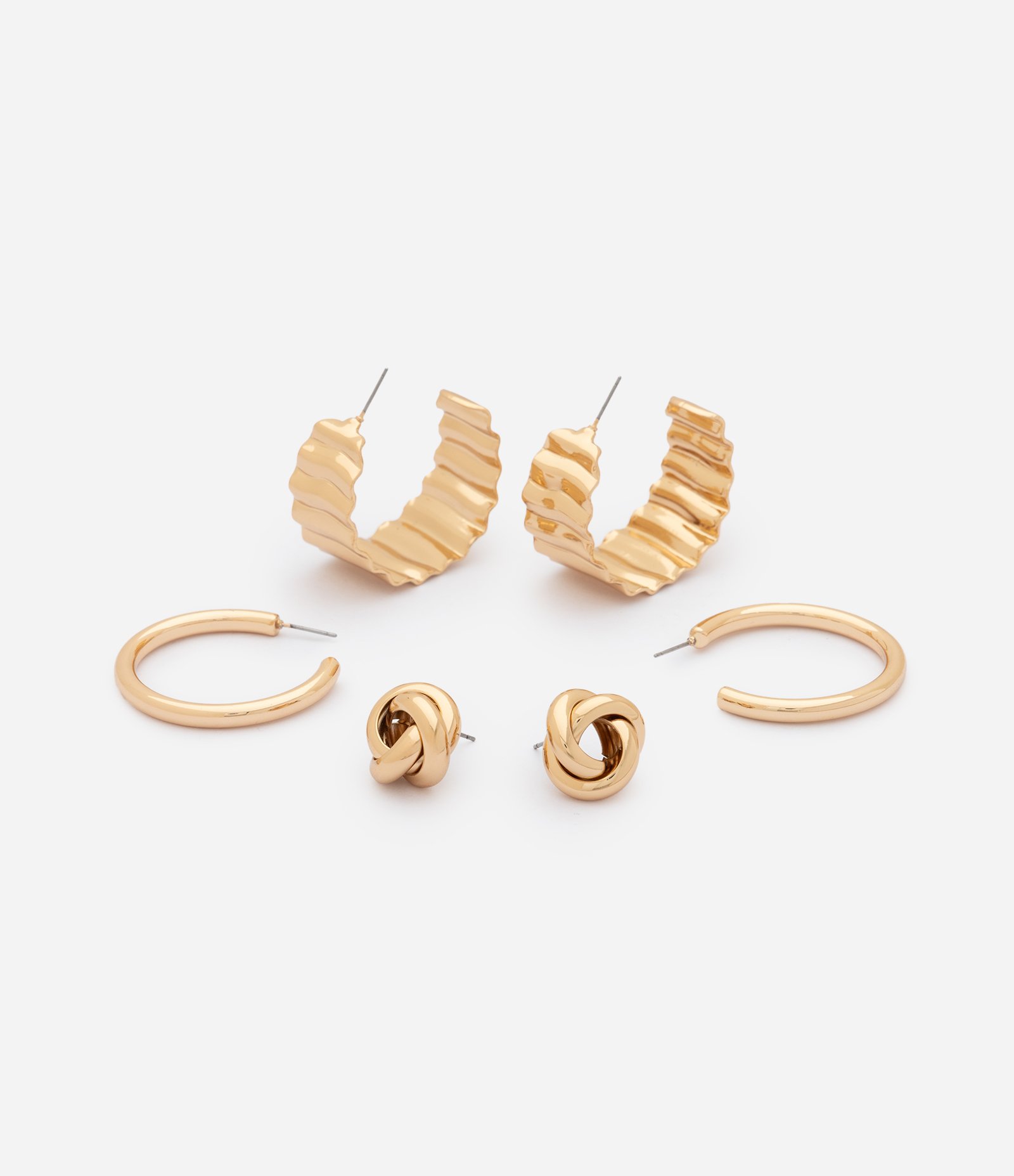 Kit com 03 Pares de Brincos Argola e Nó em Metal Dourado 2