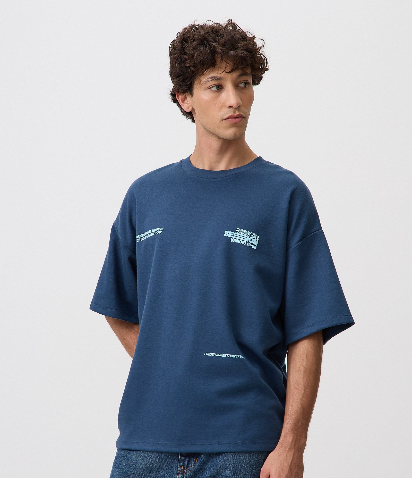 Camiseta Oversized em Malha Encorpada com Lettering Session Azul 1
