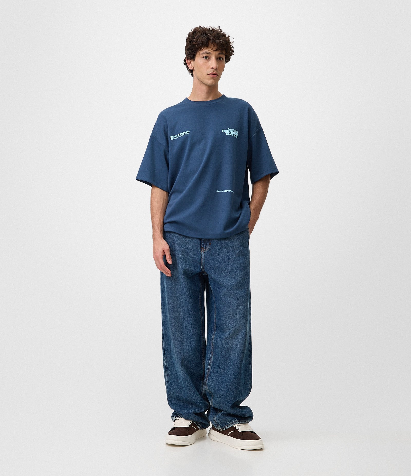 Camiseta Oversized em Malha Encorpada com Lettering Session Azul 2