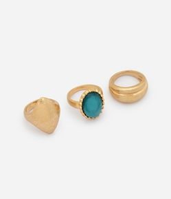 Kit com 03 Anéis em Metal com Pedra Oval e Formatos Orgânicos
