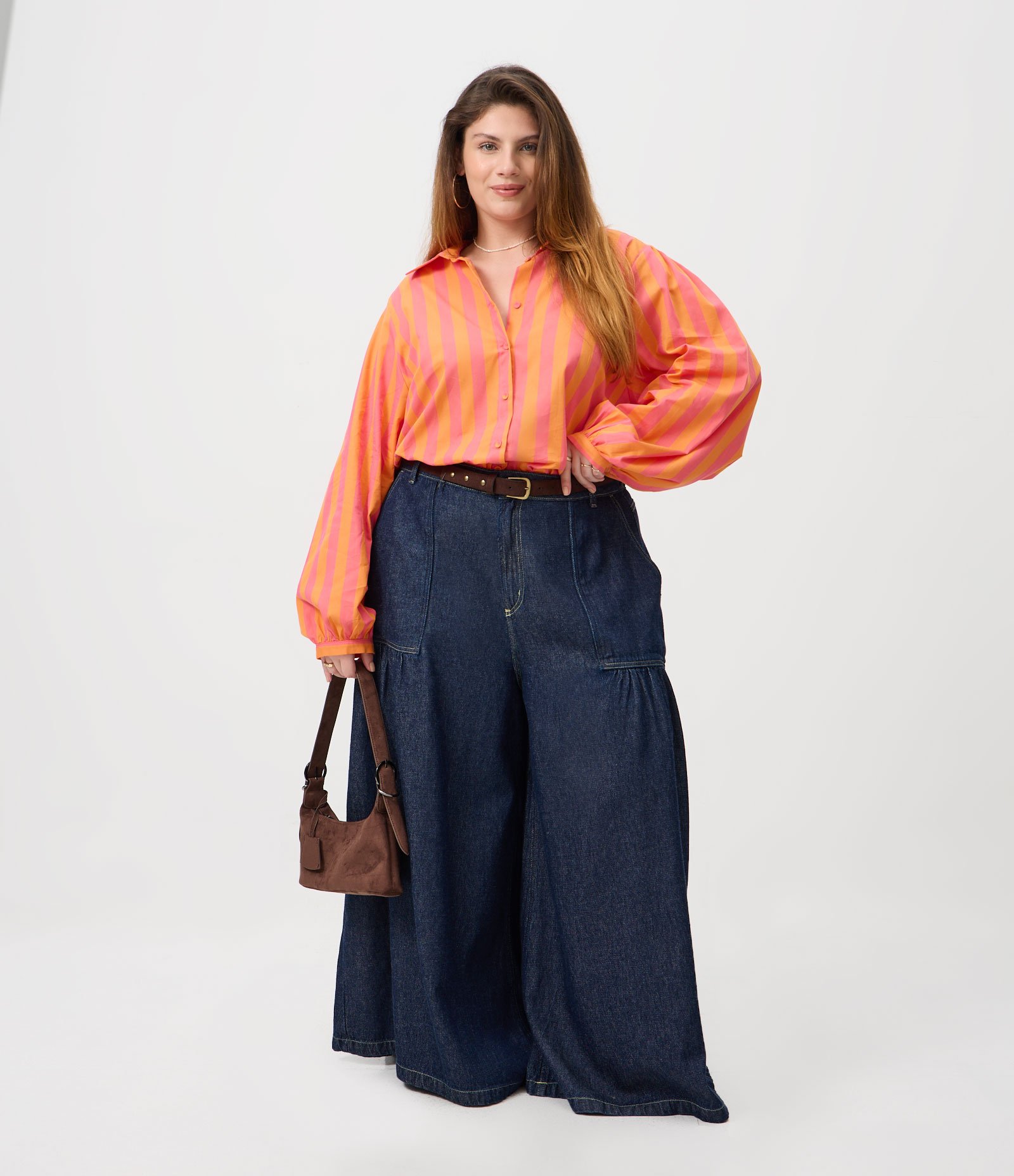 Calça Pantalona Jeans com Franzidos Curve & Plus Size Azul 1