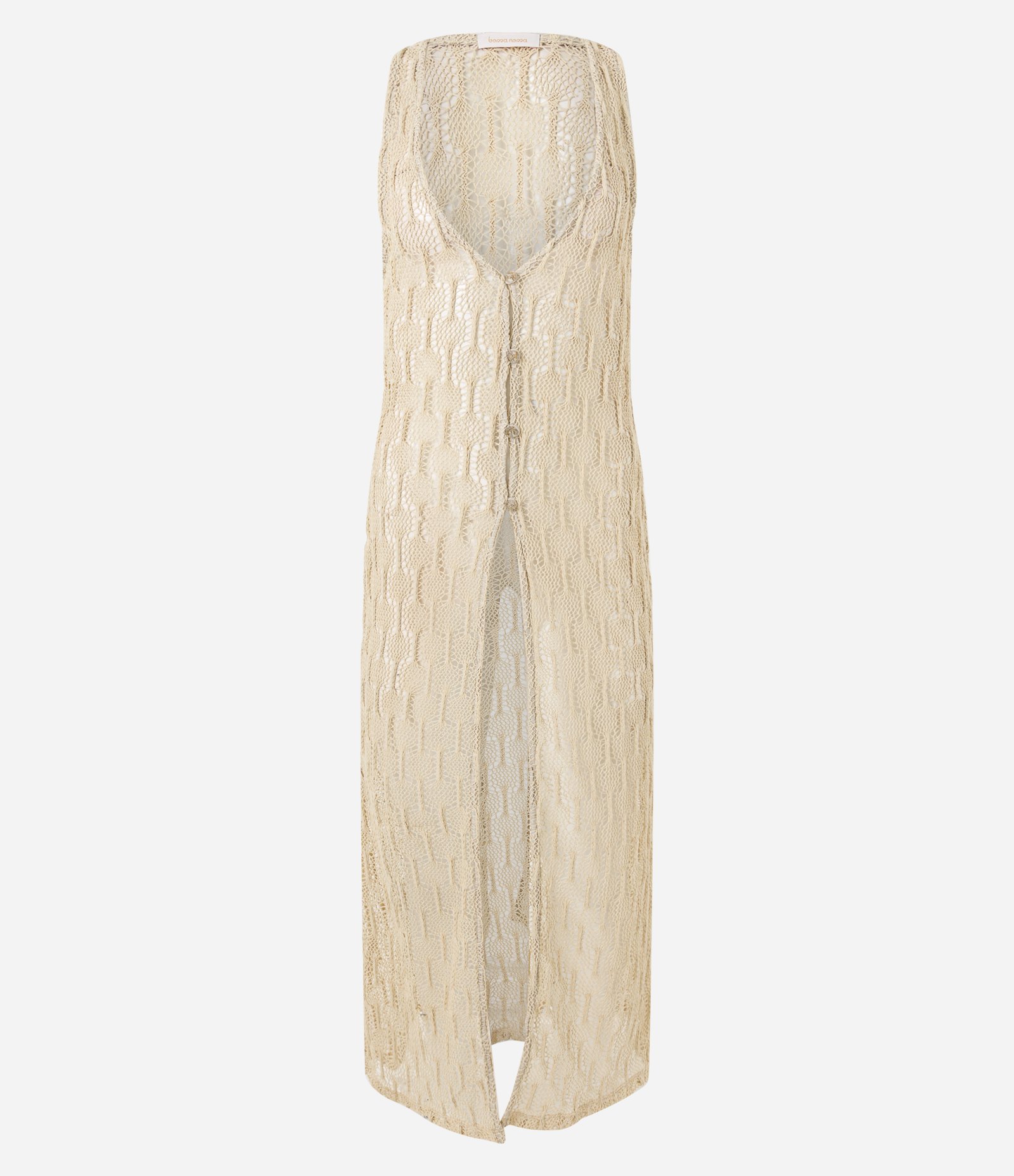 Saída de Praia Bata Alongada em Crochê com Botões Frontais Off White 6