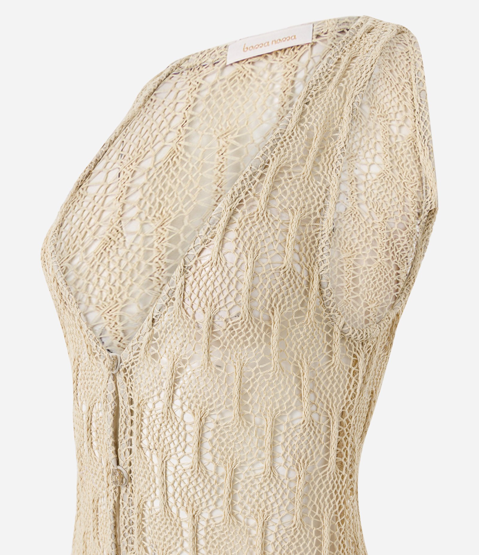 Saída de Praia Bata Alongada em Crochê com Botões Frontais Off White 7