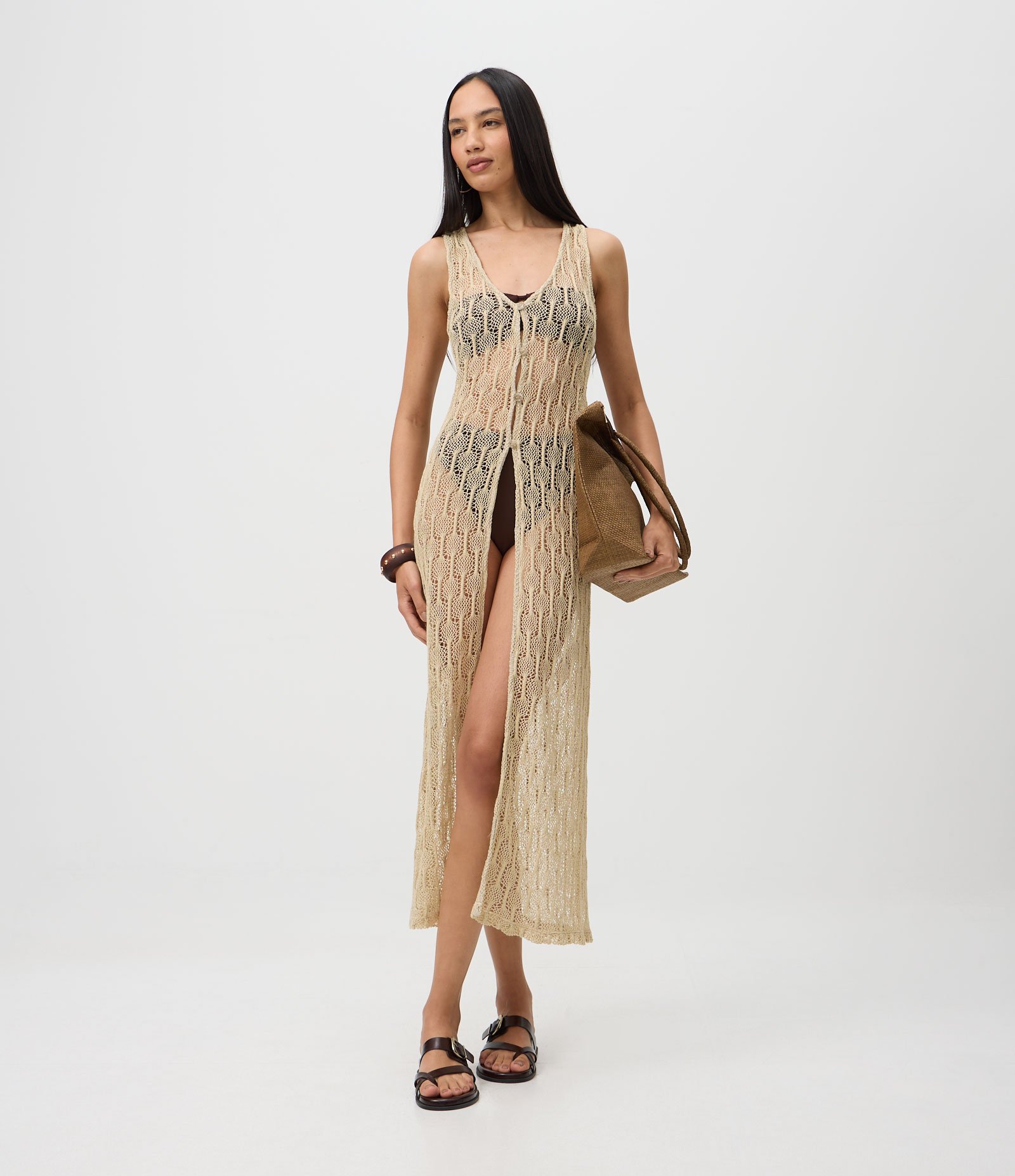 Saída de Praia Bata Alongada em Crochê com Botões Frontais Off White 2