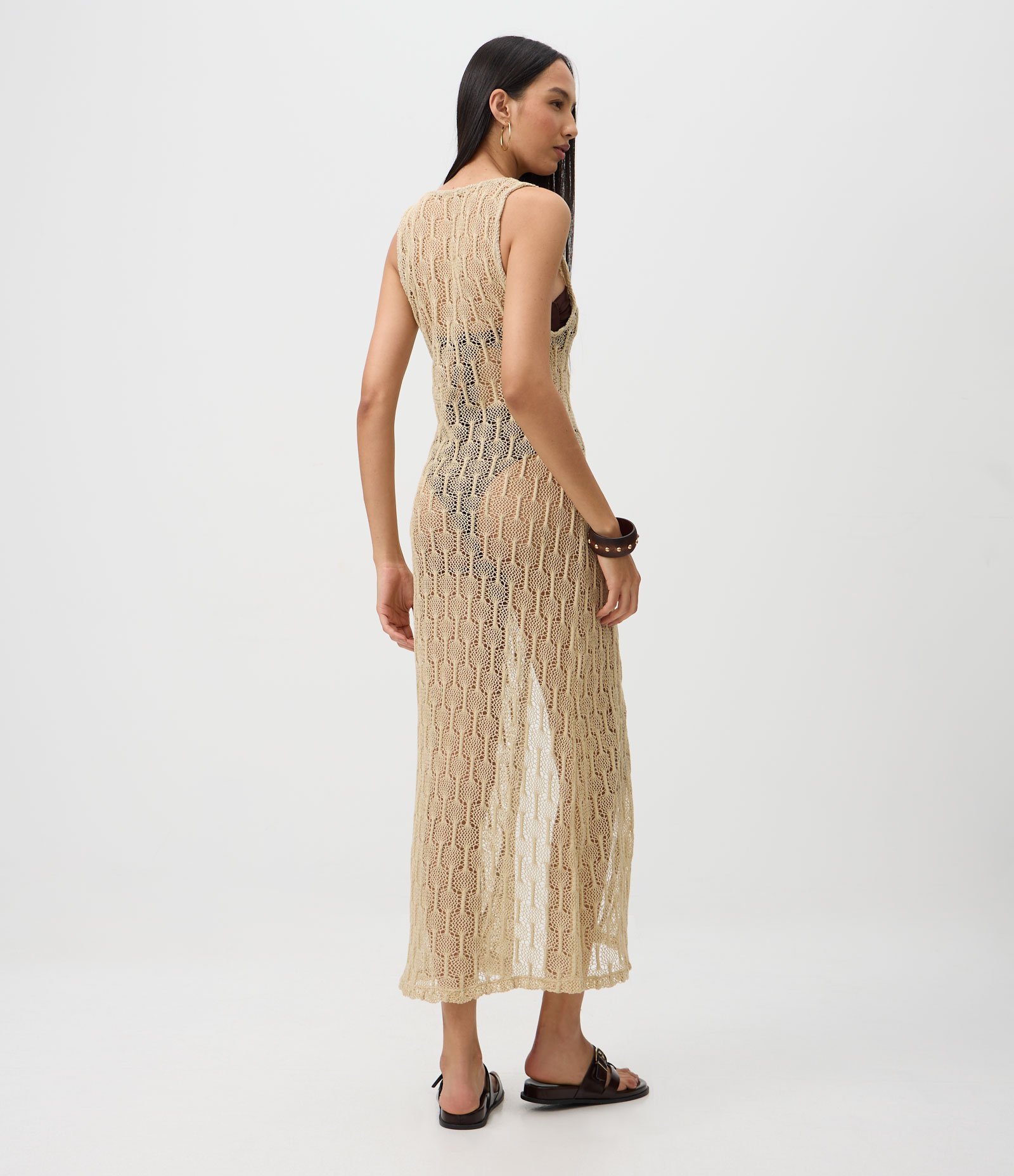 Saída de Praia Bata Alongada em Crochê com Botões Frontais Off White 5