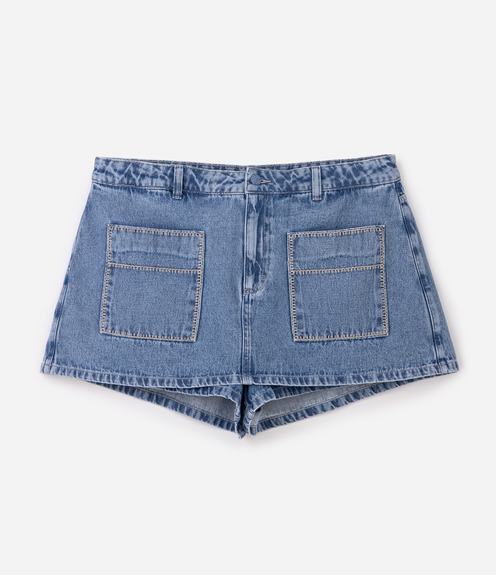 Short Saia Jeans com Bolsos Bordados Curve & Plus Size Azul 1