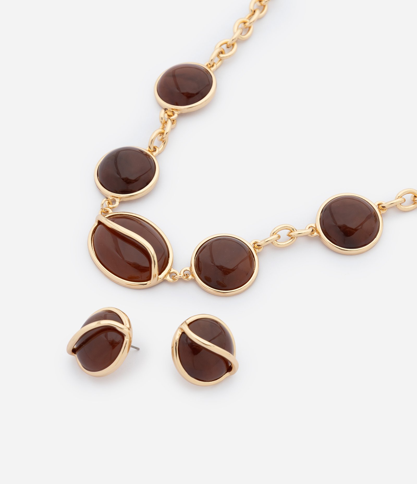 Conjunto com Colar e Brincos em Metal com Resina Dourado/Marrom 1